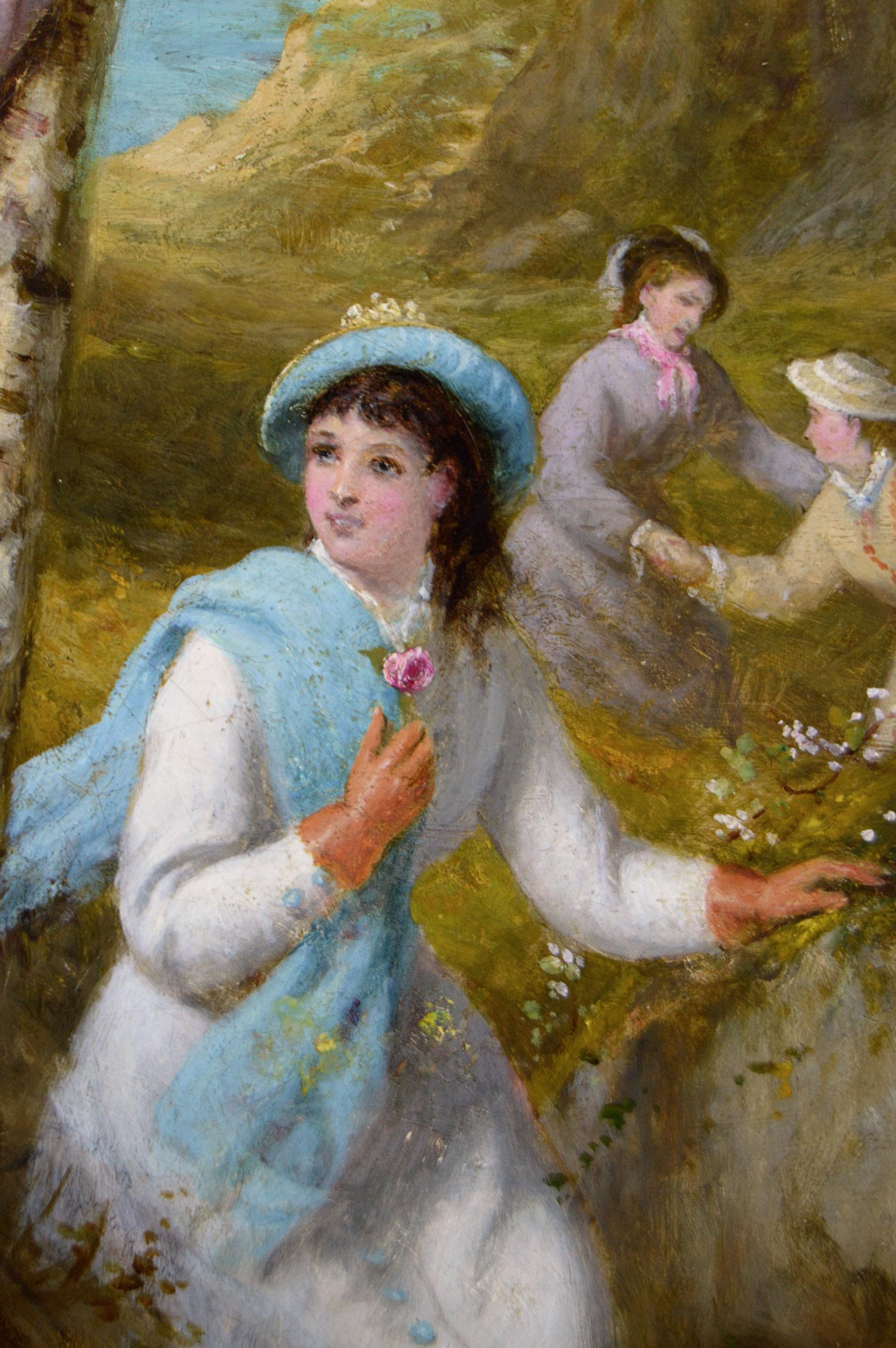 Peinture à l'huile de genre et de paysage du 19e siècle représentant des femmes cueillant des fleurs - Marron Landscape Painting par Thomas Brooks