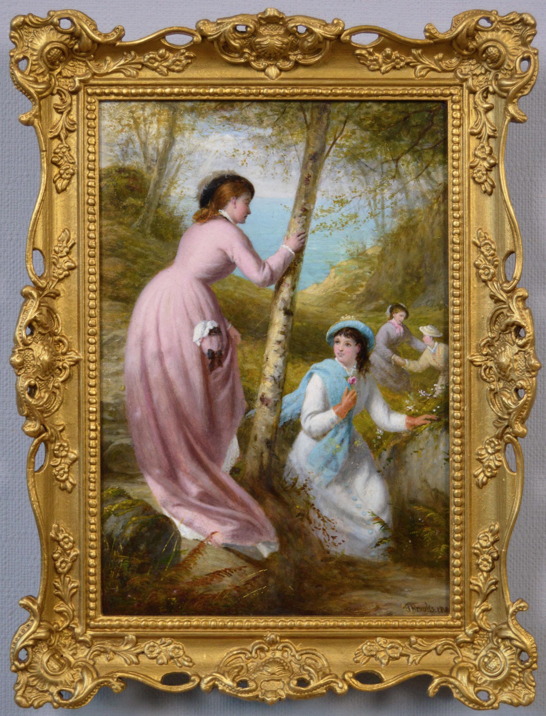 19th Century genre landscape oil painting of women picking flowers