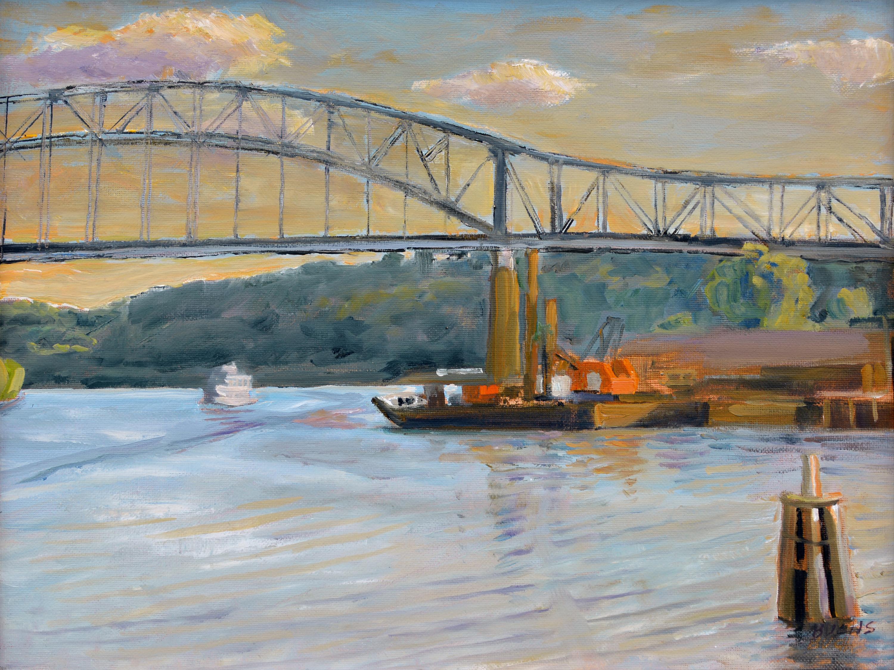 Industrial Impressionist Travel Mississippi River Fishing Bridge Sunrise Signed - Painting by Thomas Buchs
