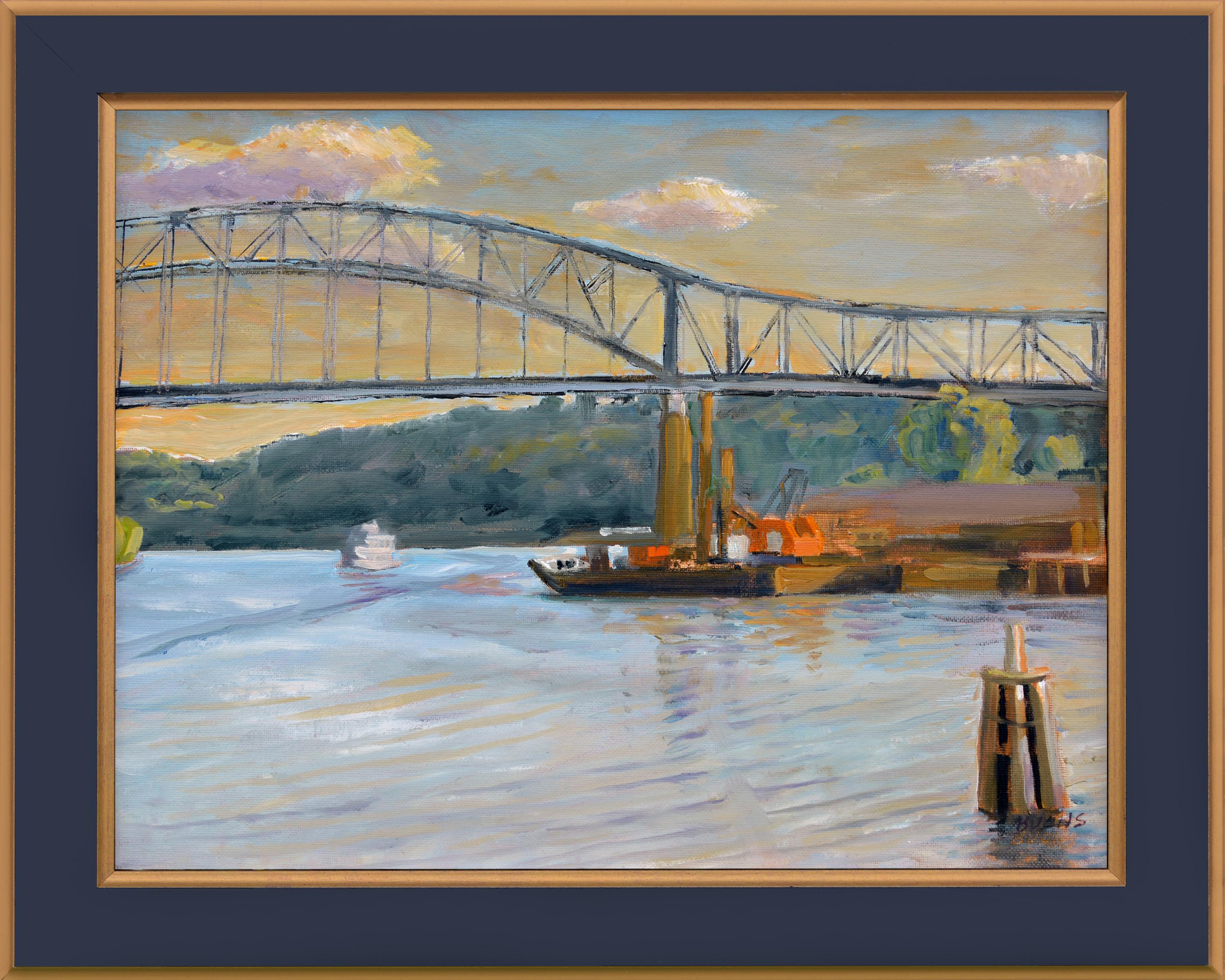 Thomas Buchs Landscape Painting – Industrie-impressionistische Reise Mississippi River Fishing Bridge Sonnenaufgang Signiert