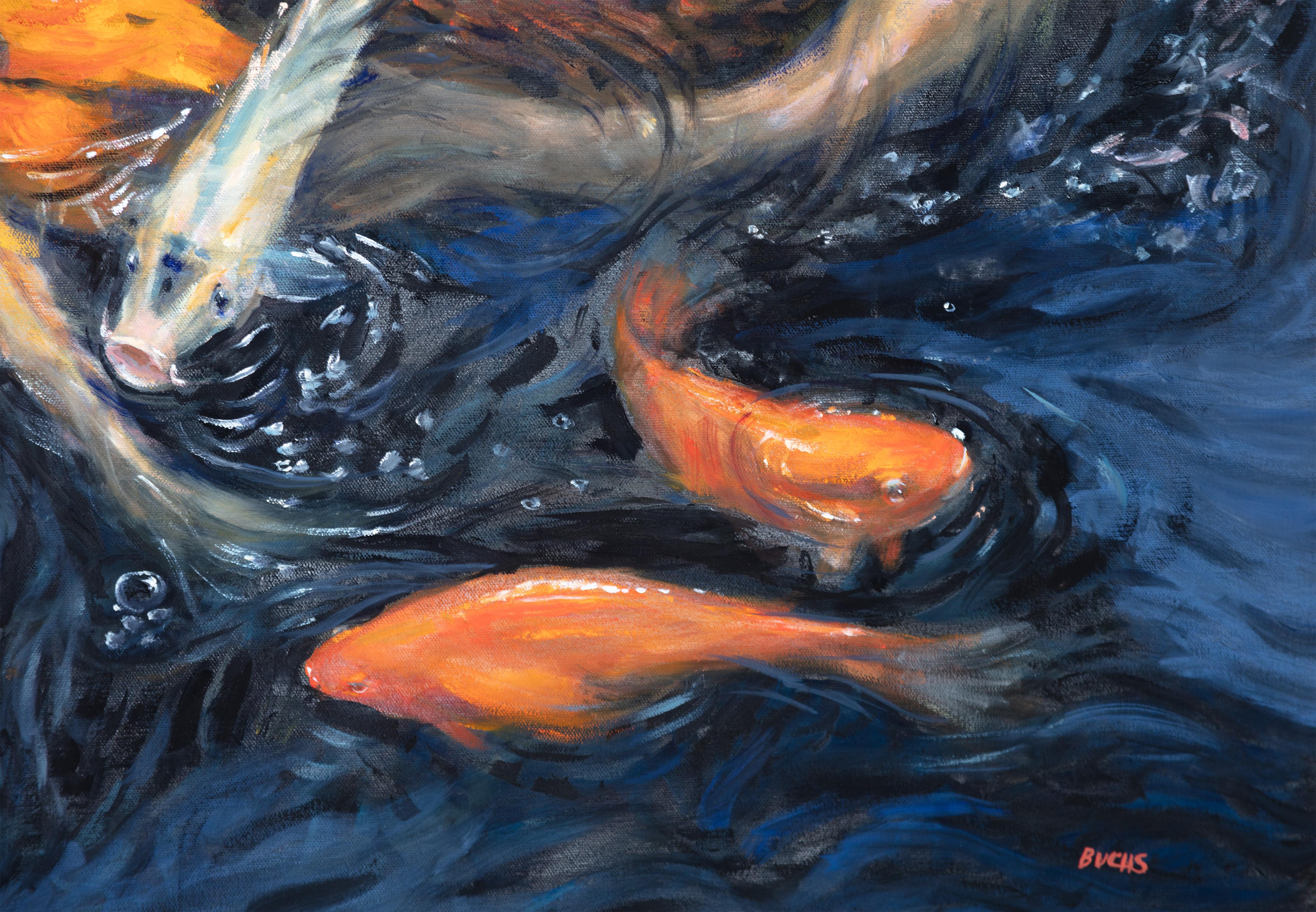 Koi Fish Water Motion Movement Neo Impressionism Realism Contemporary Signed - American Impressionist Painting by Thomas Buchs