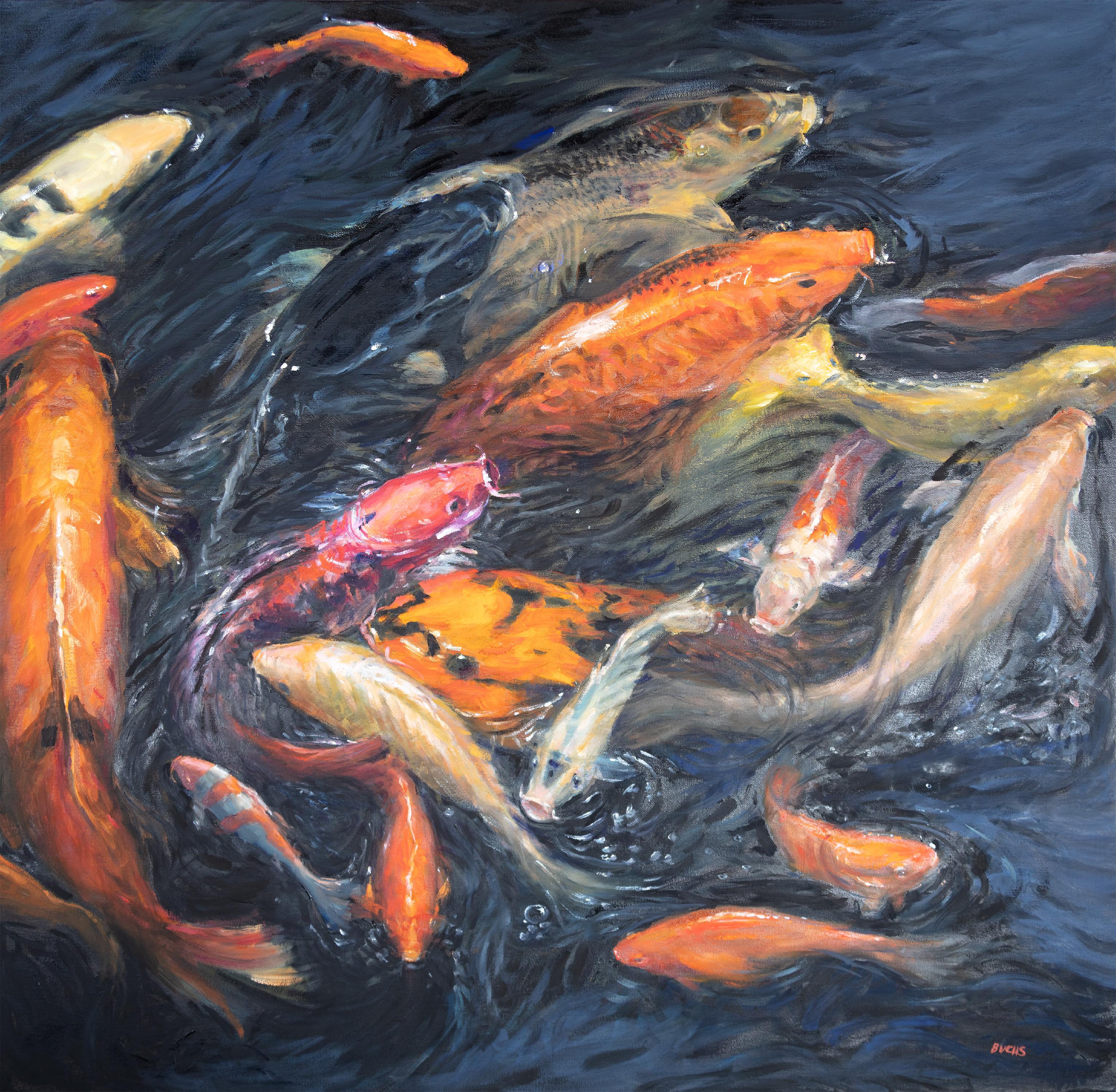 Thomas Buchs Animal Painting - Koi Fish Water Motion Movement Neo Impressionism Realism Contemporary Signed
