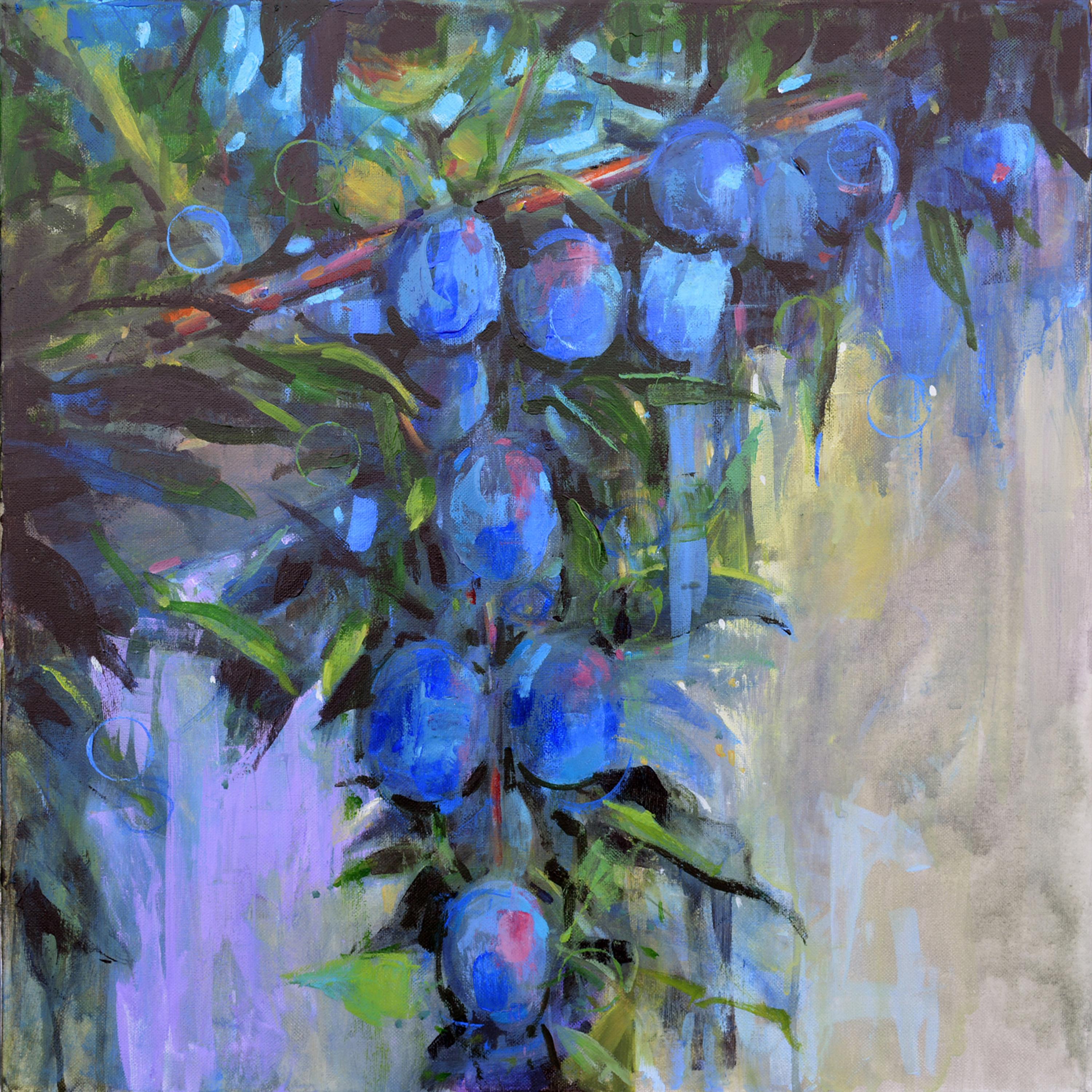 Pflaume Obstbaum Neoimpressionismus Blau Lebendige Reise Modern Contemporary Signiert – Painting von Thomas Buchs