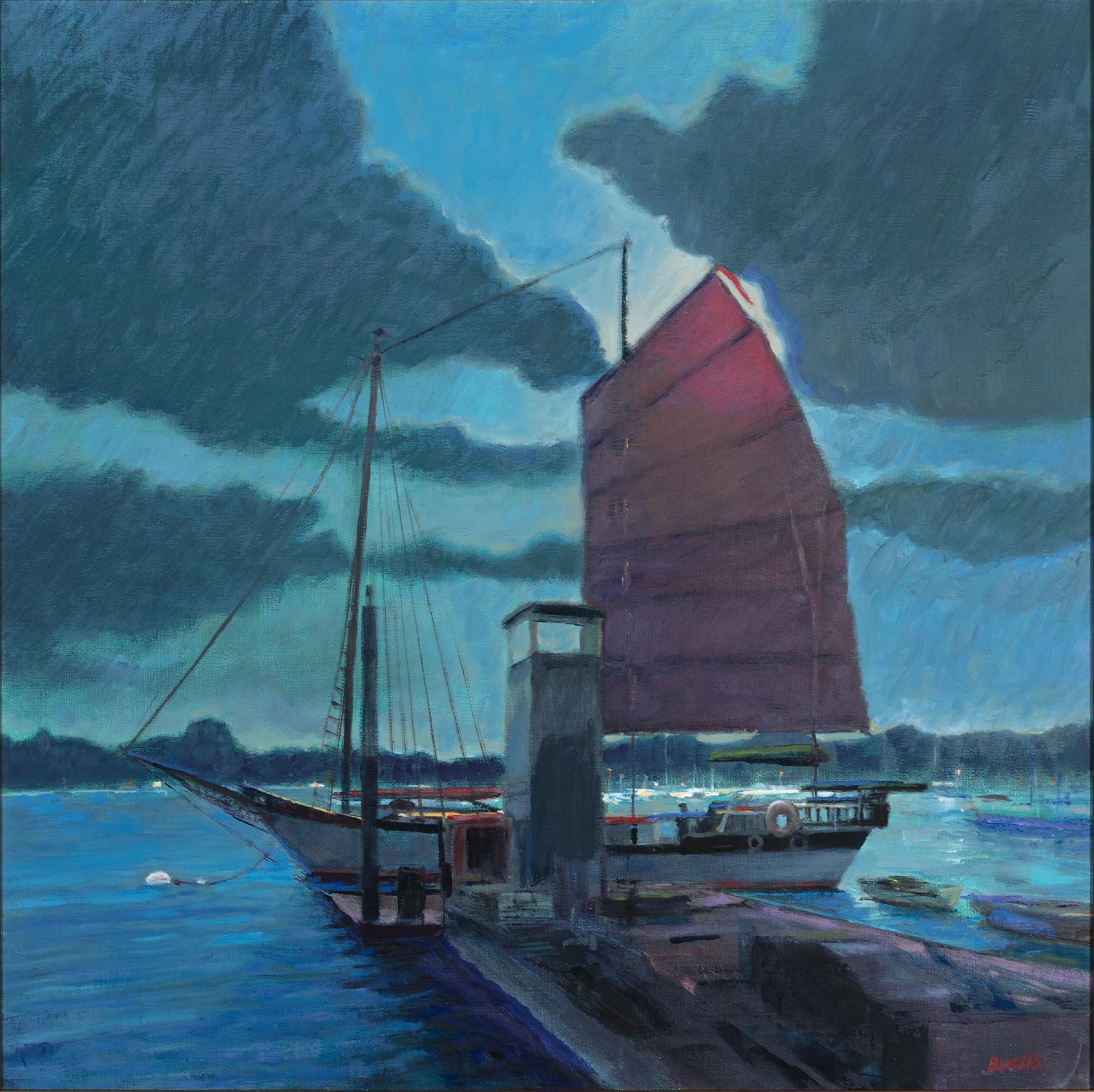 Wasserboot Nachtszene Mond Asien Reise Neoimpressionismus Contemporary Signiert – Painting von Thomas Buchs