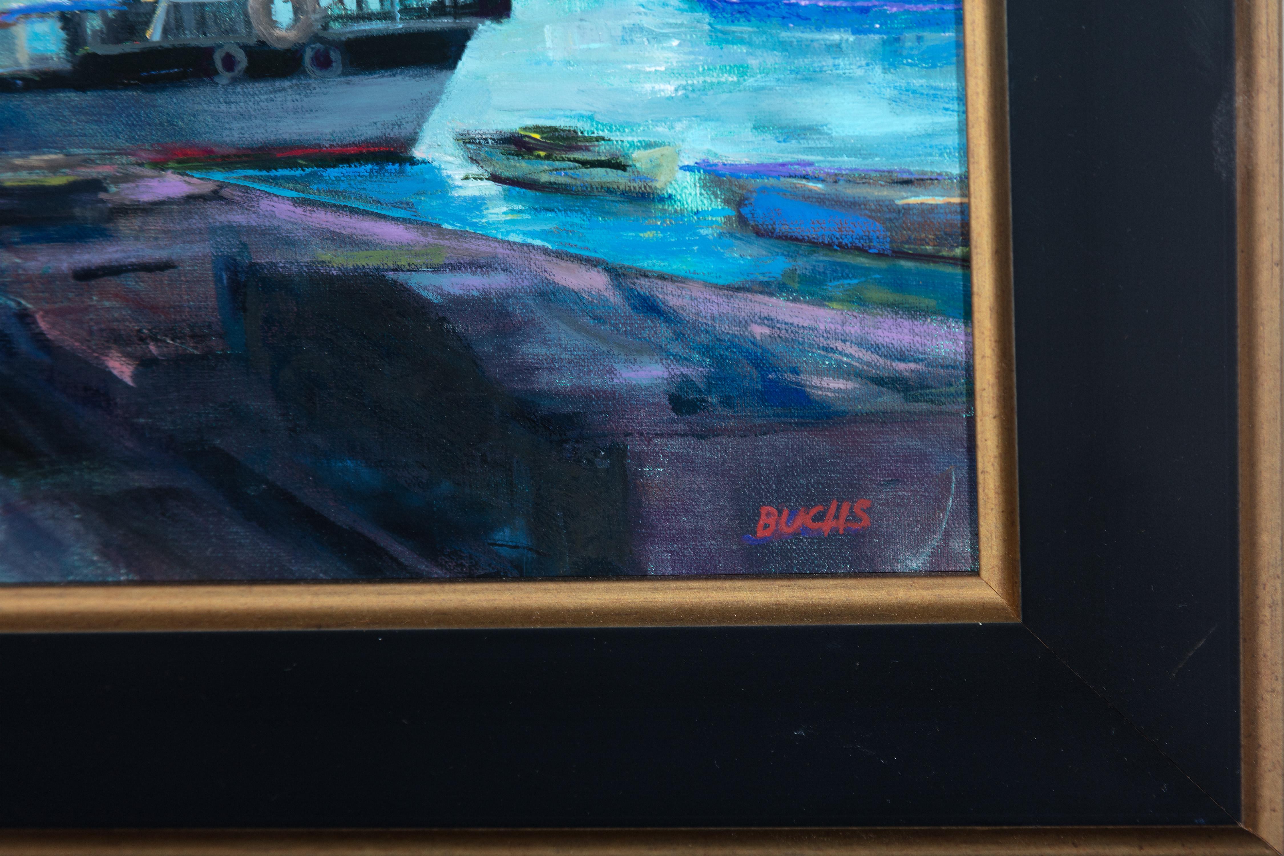 Wasserboot Nachtszene Mond Asien Reise Neoimpressionismus Contemporary Signiert (Amerikanischer Impressionismus), Painting, von Thomas Buchs