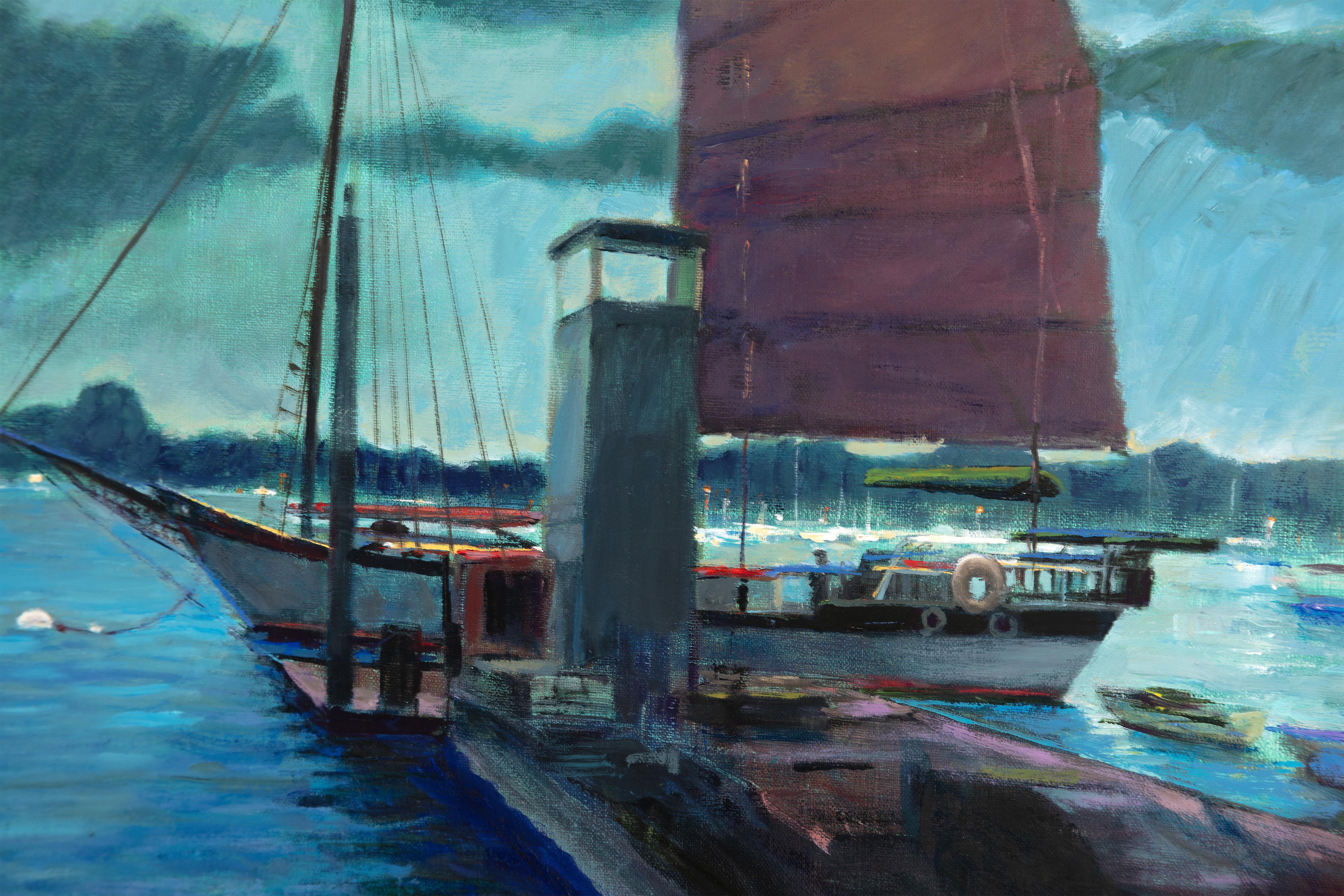 Barco de agua Escena nocturna Luna Asia Viaje Neo Impresionismo Contemporáneo Firmado - Still-Life Painting Azul de Thomas Buchs