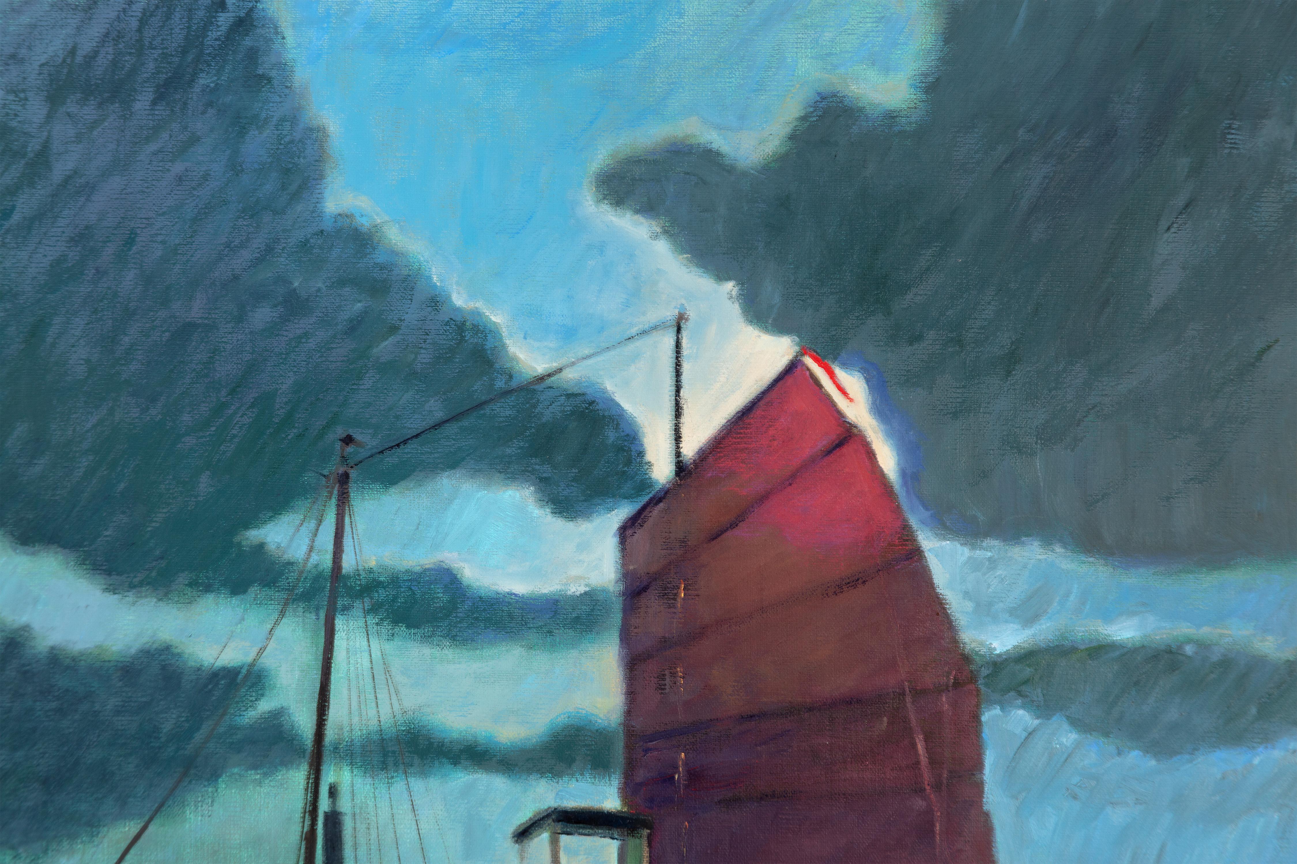 Wasserboot Nachtszene Mond Asien Reise Neoimpressionismus Contemporary Signiert im Angebot 1