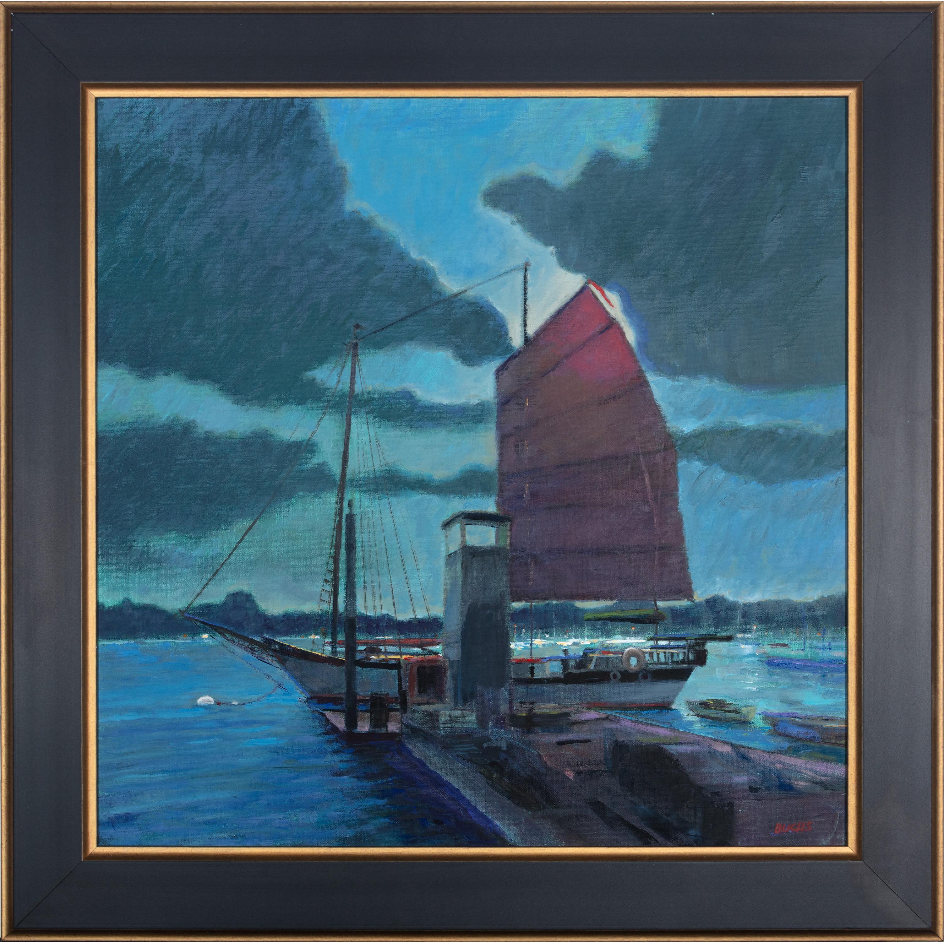 Thomas Buchs Still-Life Painting - Water Boat Night Scene Moon Asia Travel Neo Impressionism Contemporary Signed