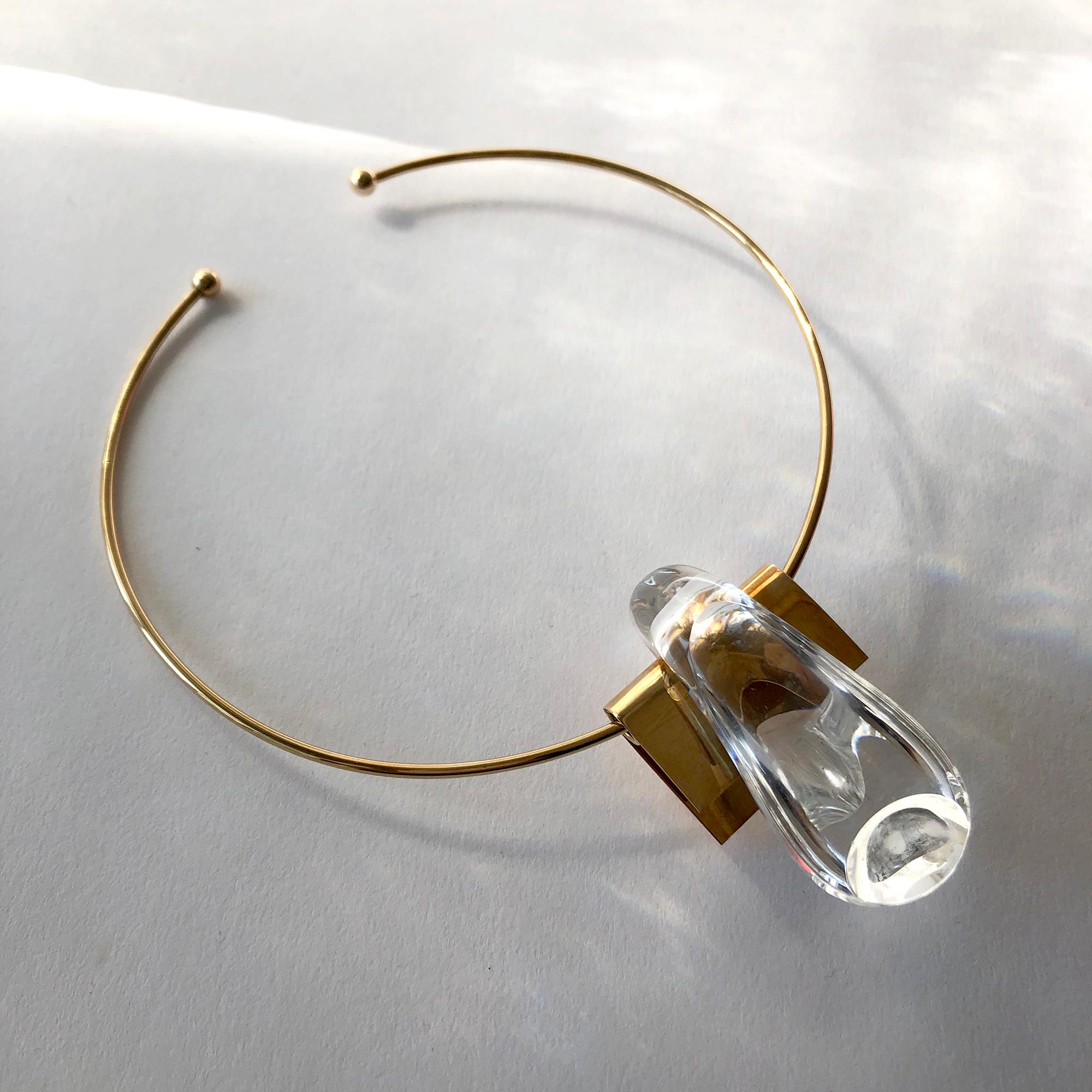 Modernist Thomas Buechner for Steuben 14K Gold Crystal Glass Choker Pendant Necklace