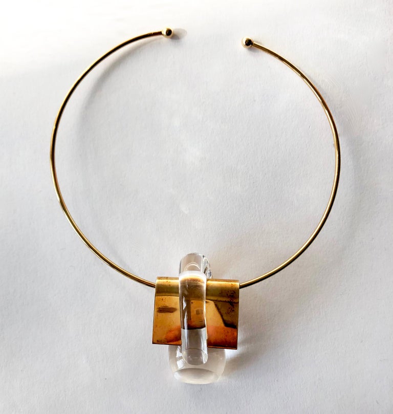 Thomas Buechner for Steuben 14K Gold Crystal Glass Choker Pendant Necklace For Sale 1