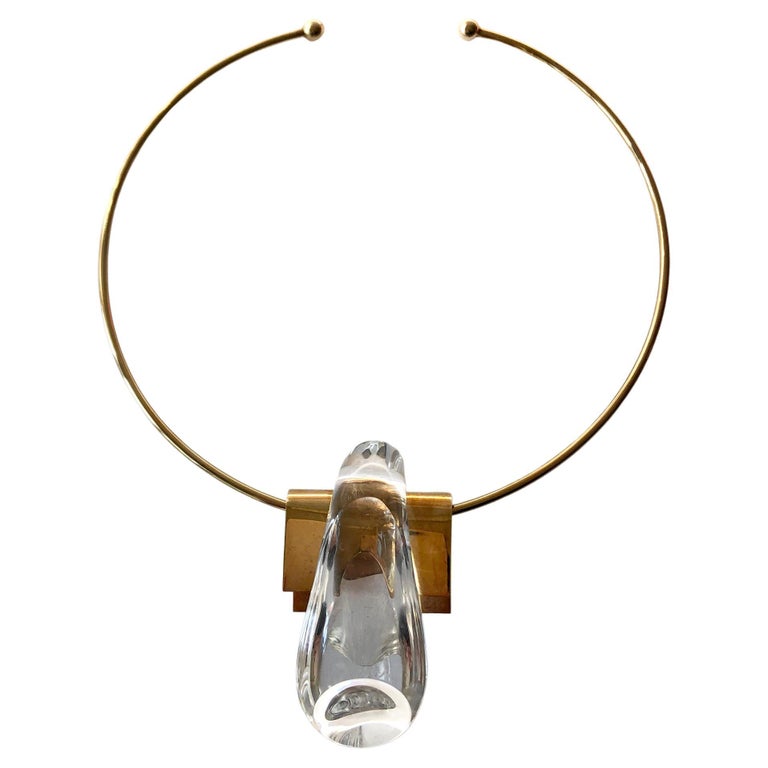 Thomas Buechner for Steuben 14K Gold Crystal Glass Choker Pendant Necklace For Sale