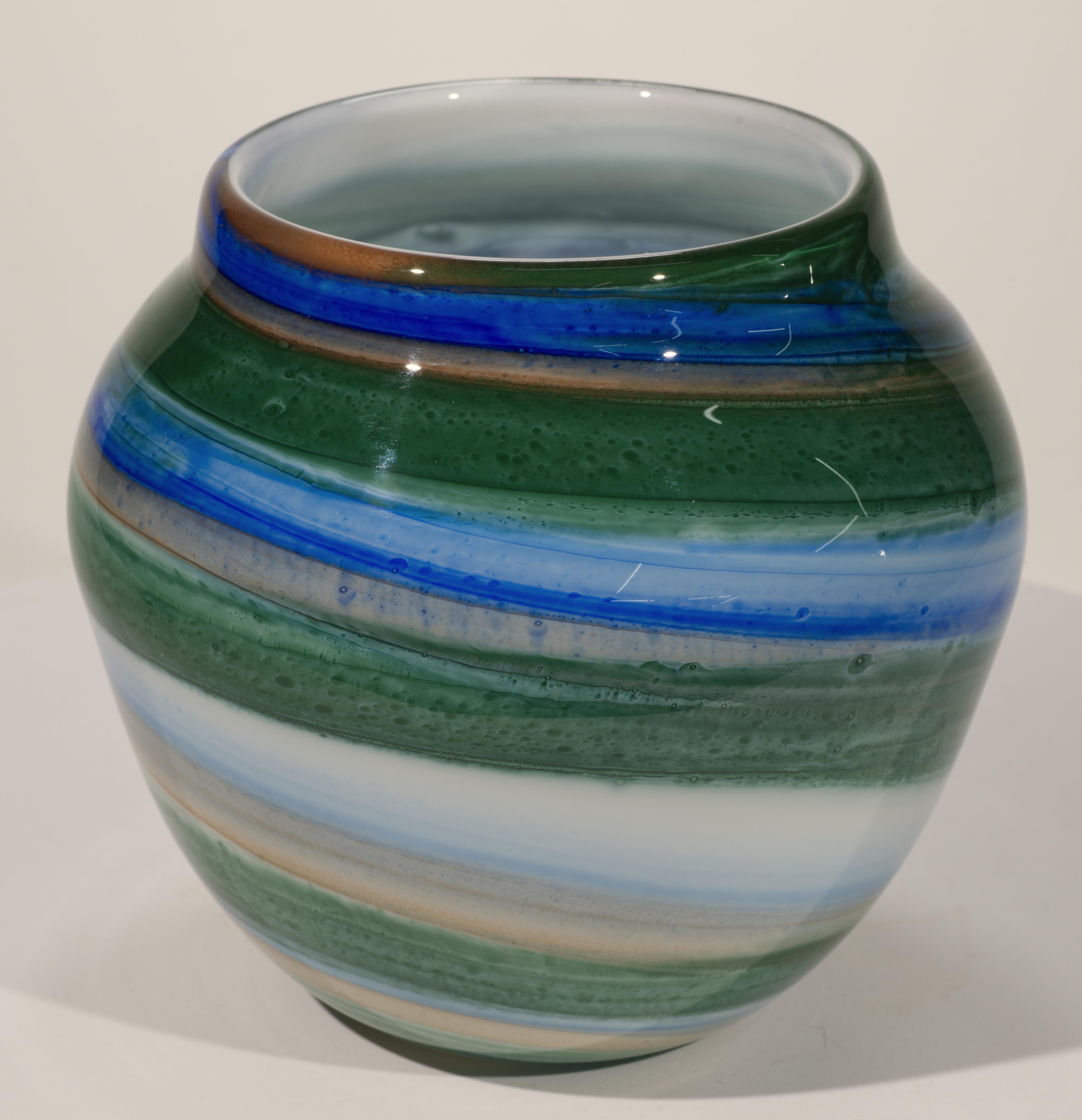 Thomas Buechner III para Vitrix Hot Glass Studio Jarrón rayado, NY Art Glass Vidrio