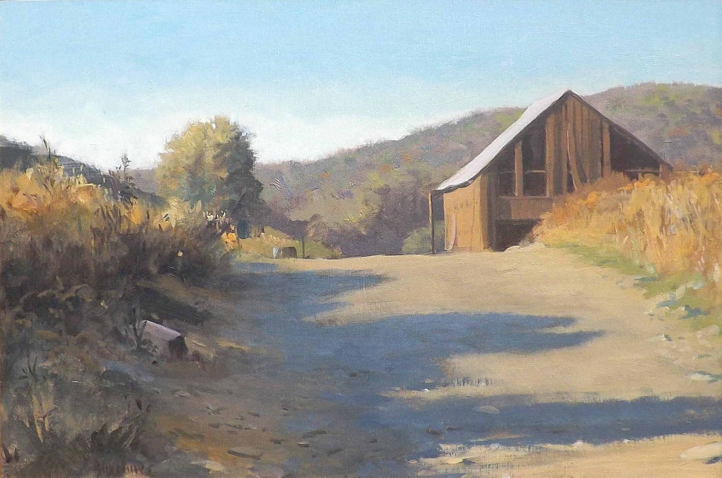 A dilapidated old barn sits on a hill alongside a dirt road covered in late afternoon shadows in this atmospheric painting by New York artist Thomas S. Buechner. Titled 'Bottcher's Tobacco Barn Corning New York' on the back.

Thomas Scharman