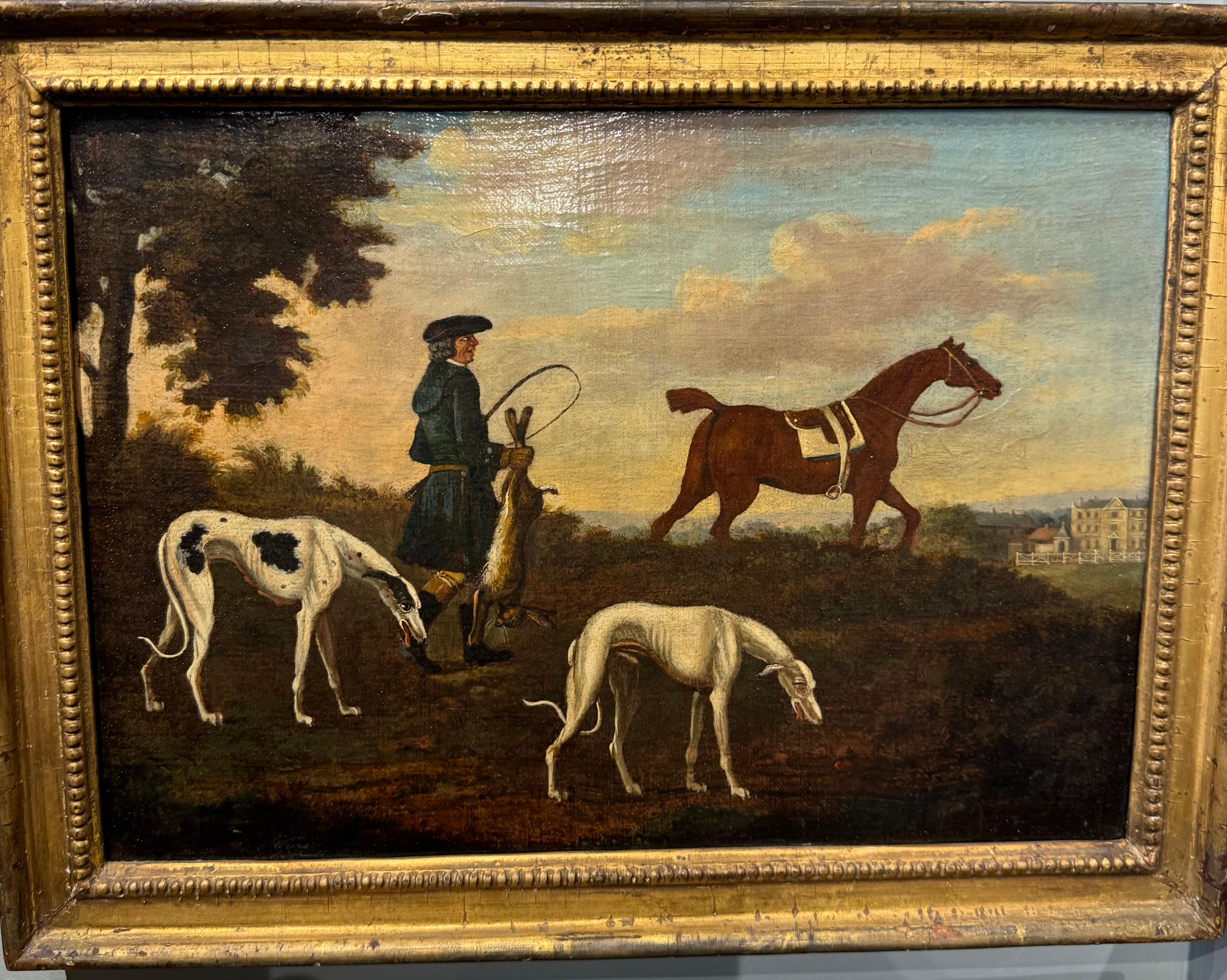 Hare coursing outside a country house with hounds Oil British 18th Century - Painting by Thomas Burford