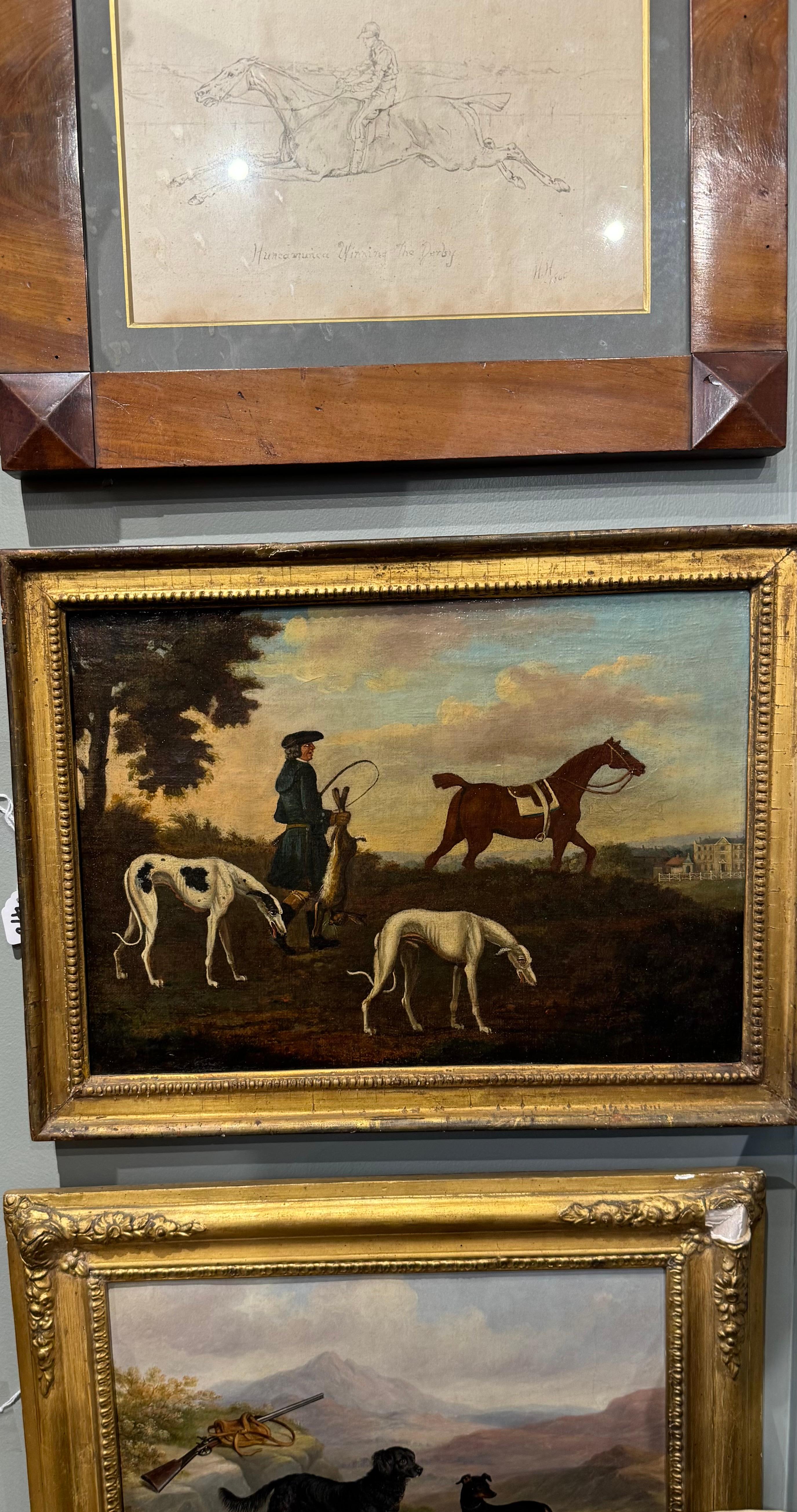 Hare coursing outside a country house with hounds Oil British 18th Century - English School Painting by Thomas Burford