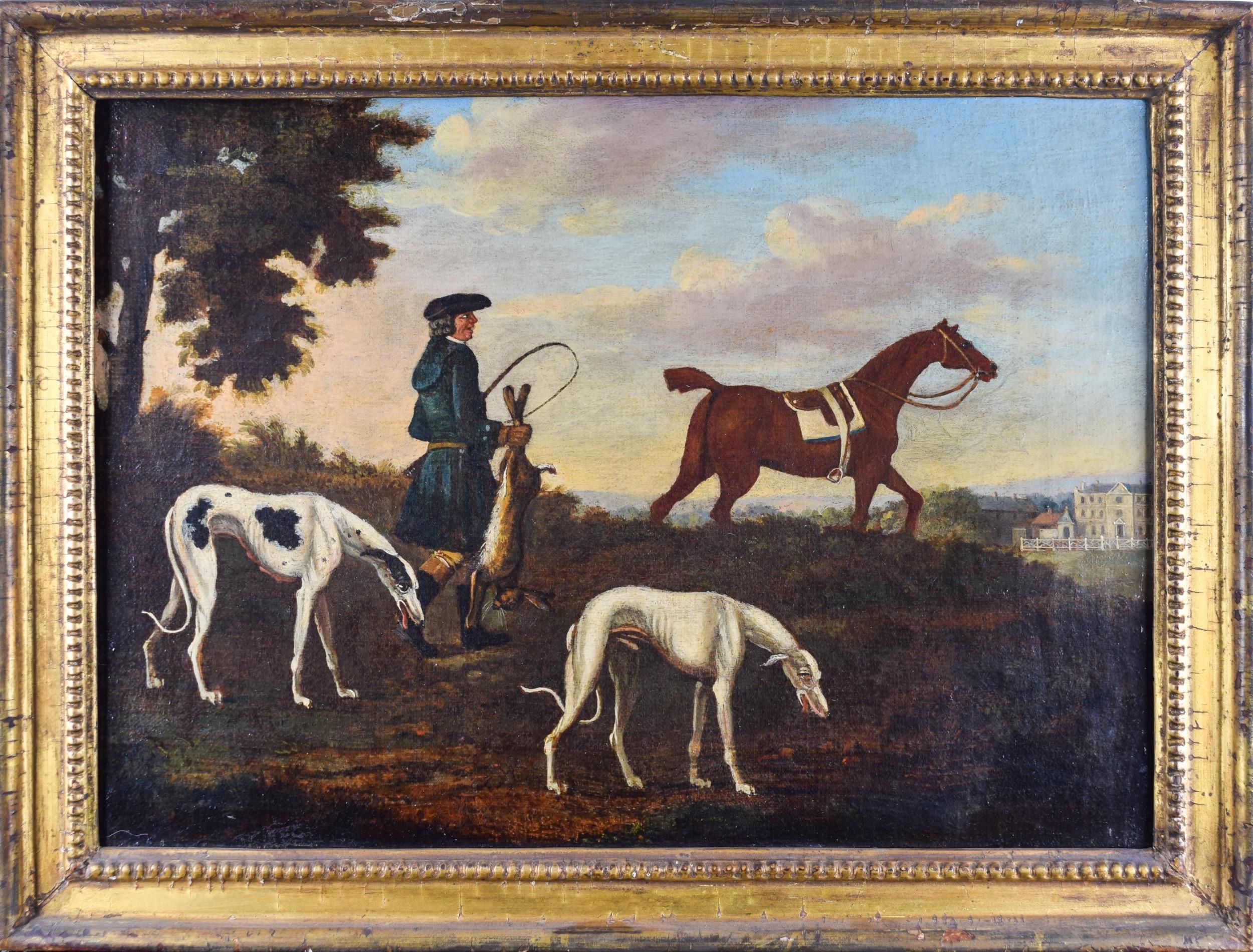 Hare coursing outside a country house with hounds Oil British 18th Century