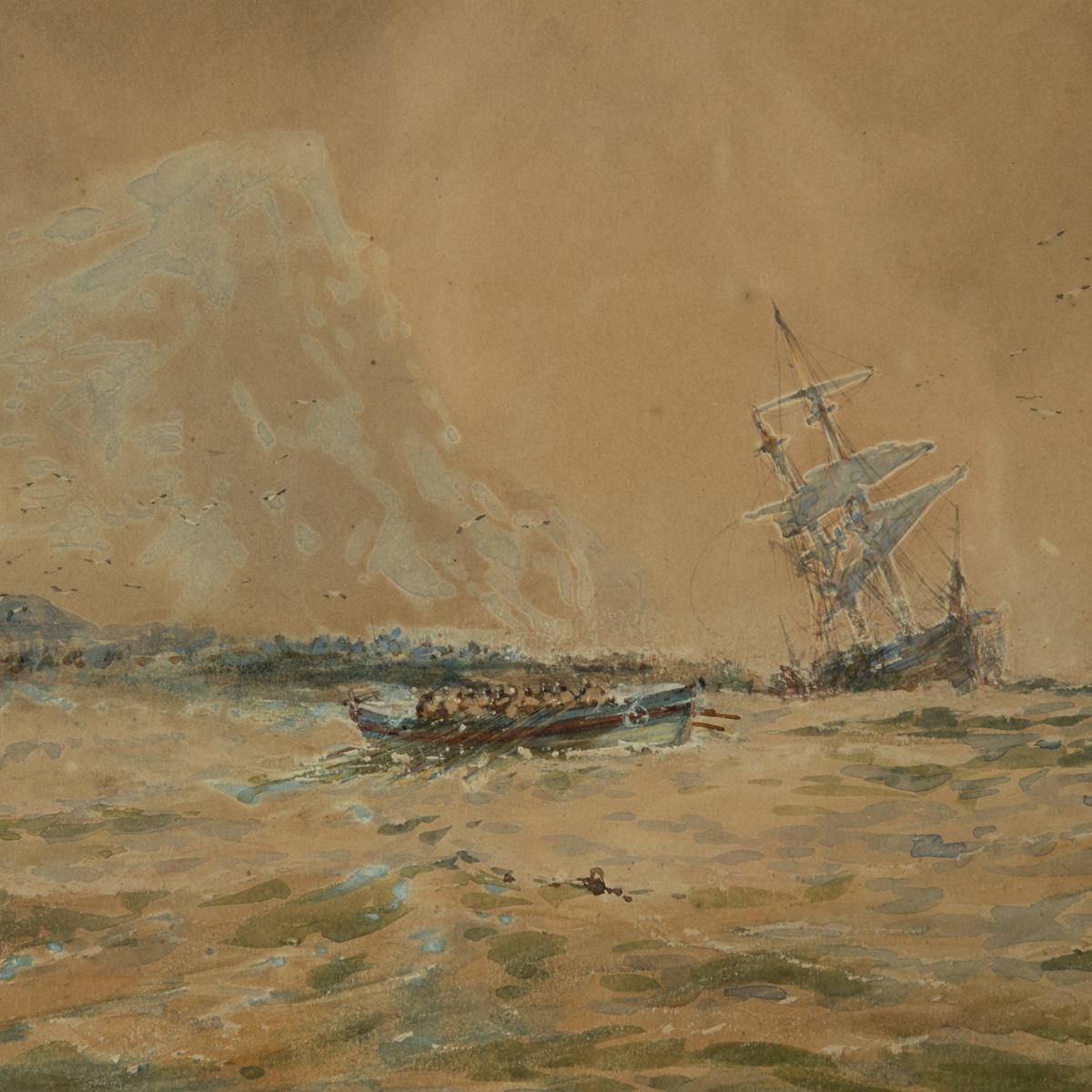 Thomas Bush Hardy: In pericolo al largo di Staithes, York, 1896. Questo acquerello su carta è firmato, iscritto e datato. Mostra una folla di persone sulle scalinate e sulle mura del porto della città costiera di Staithes che osservano una scialuppa