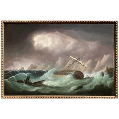 Antique Marine Naval Ships Oil Painting French Frigate After Battle of Trafalgar