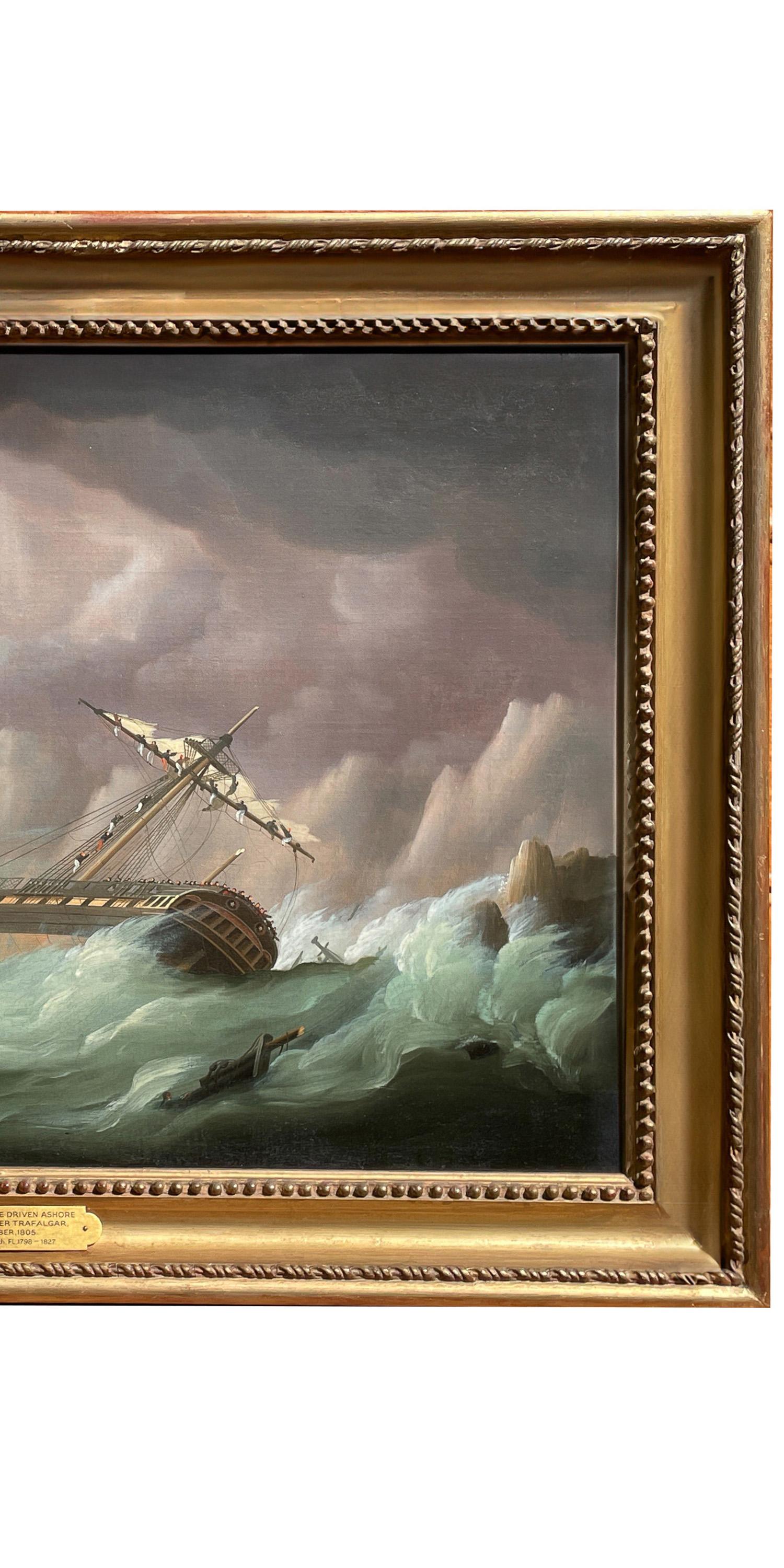 Dipinto ad olio di navi della Marina Militare Antique French Frigate After Battle of Trafalgar - Landscape Painting Marrone di Thomas Buttersworth