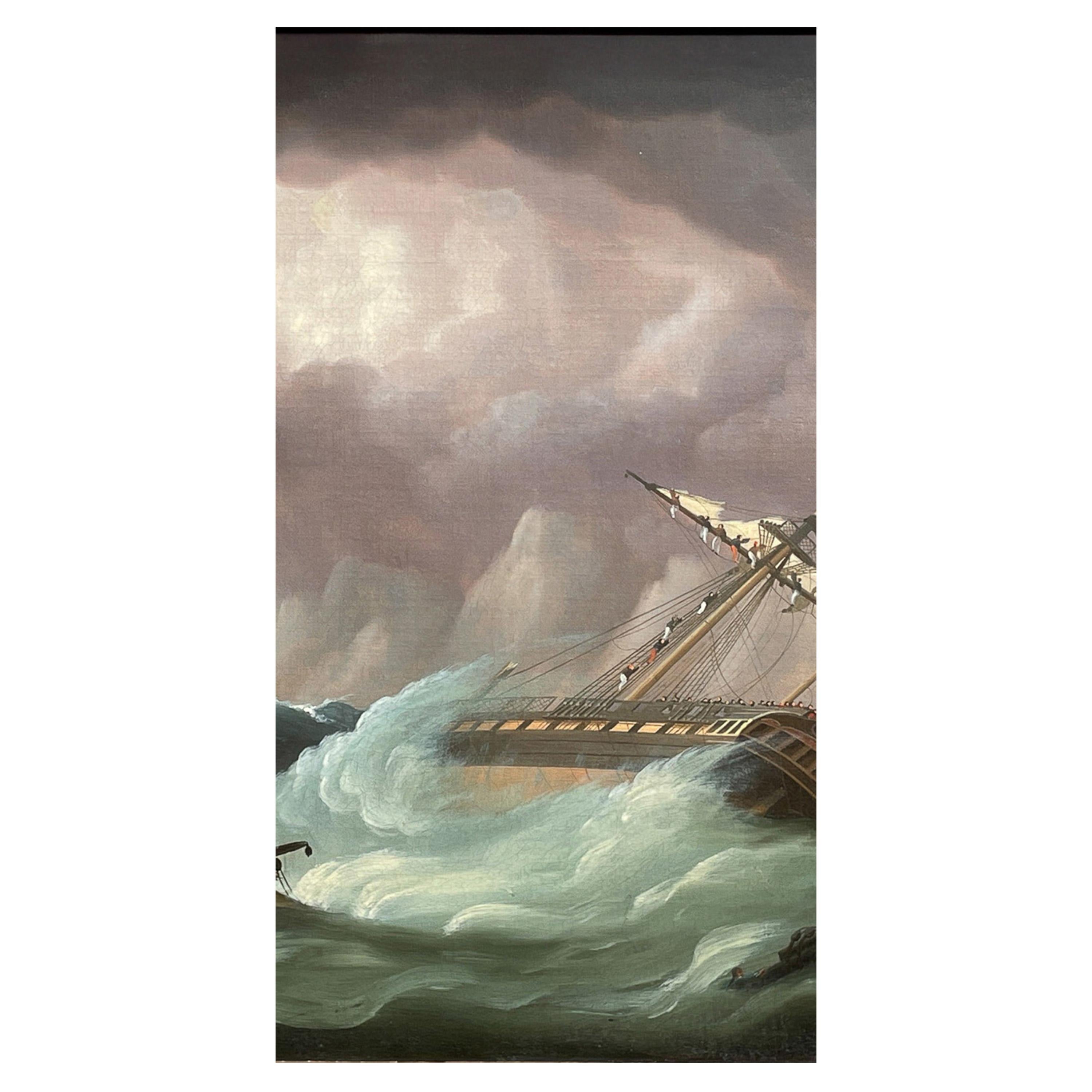 Dipinto ad olio di navi della Marina Militare Antique French Frigate After Battle of Trafalgar in vendita 1