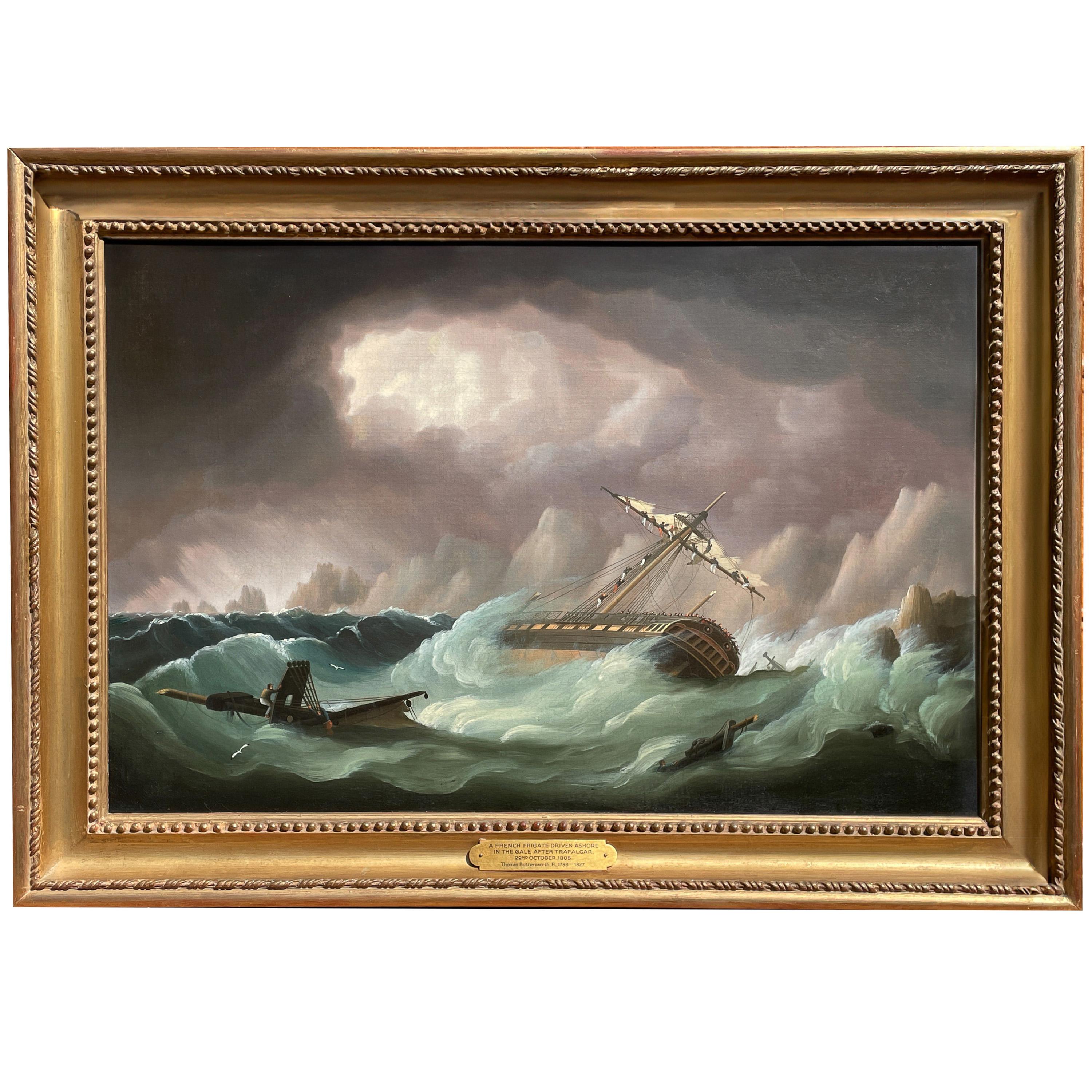 Dipinto ad olio di navi della Marina Militare Antique French Frigate After Battle of Trafalgar