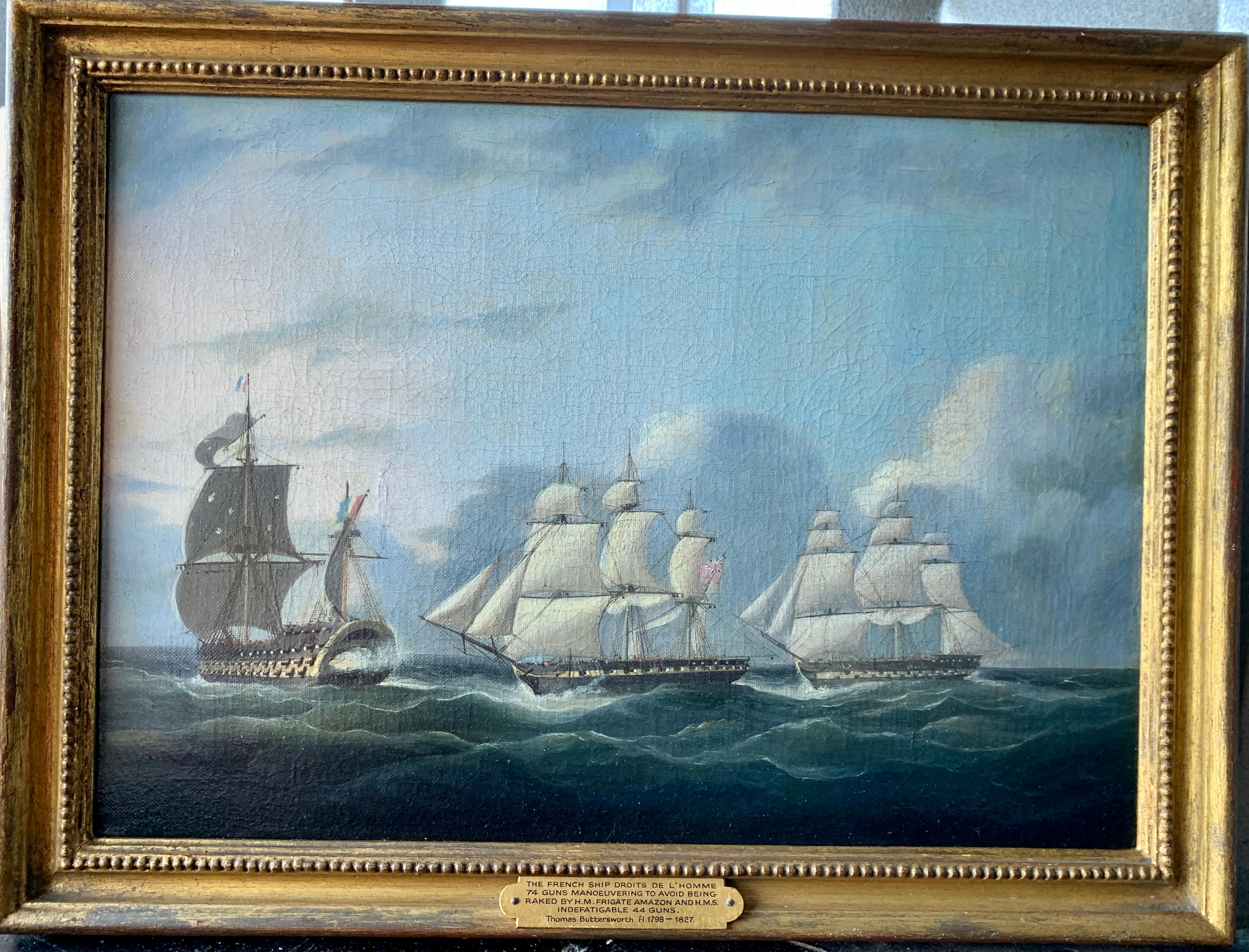 Marine battle, French ship of the line and two British frigates off of Brittany - Painting by Thomas Buttersworth
