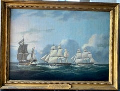 Marine battle, French ship of the line and two British frigates off of Brittany
