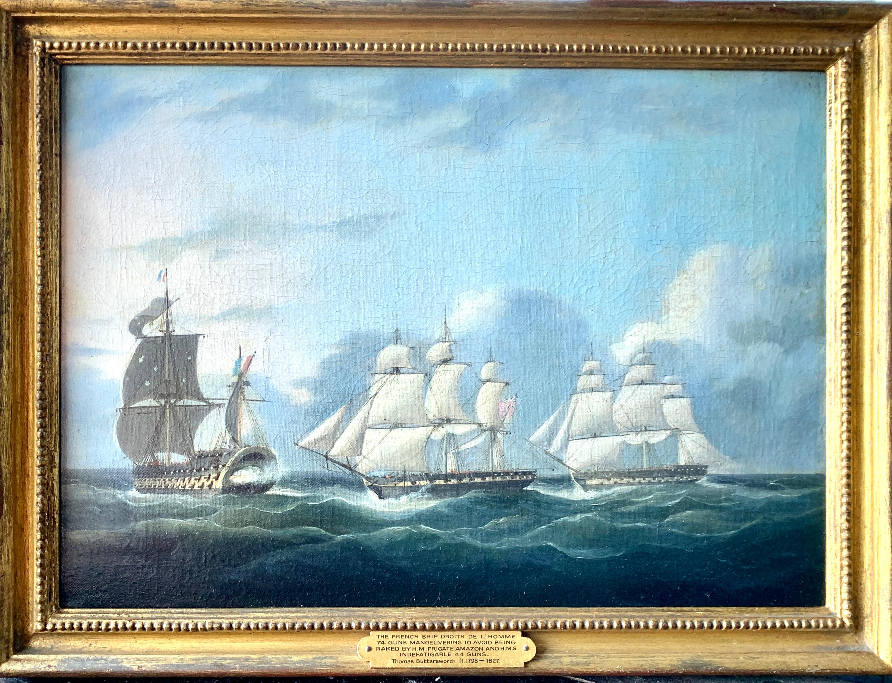 Thomas Buttersworth Landscape Painting - Marine battle, French ship of the line and two British frigates off of Brittany 