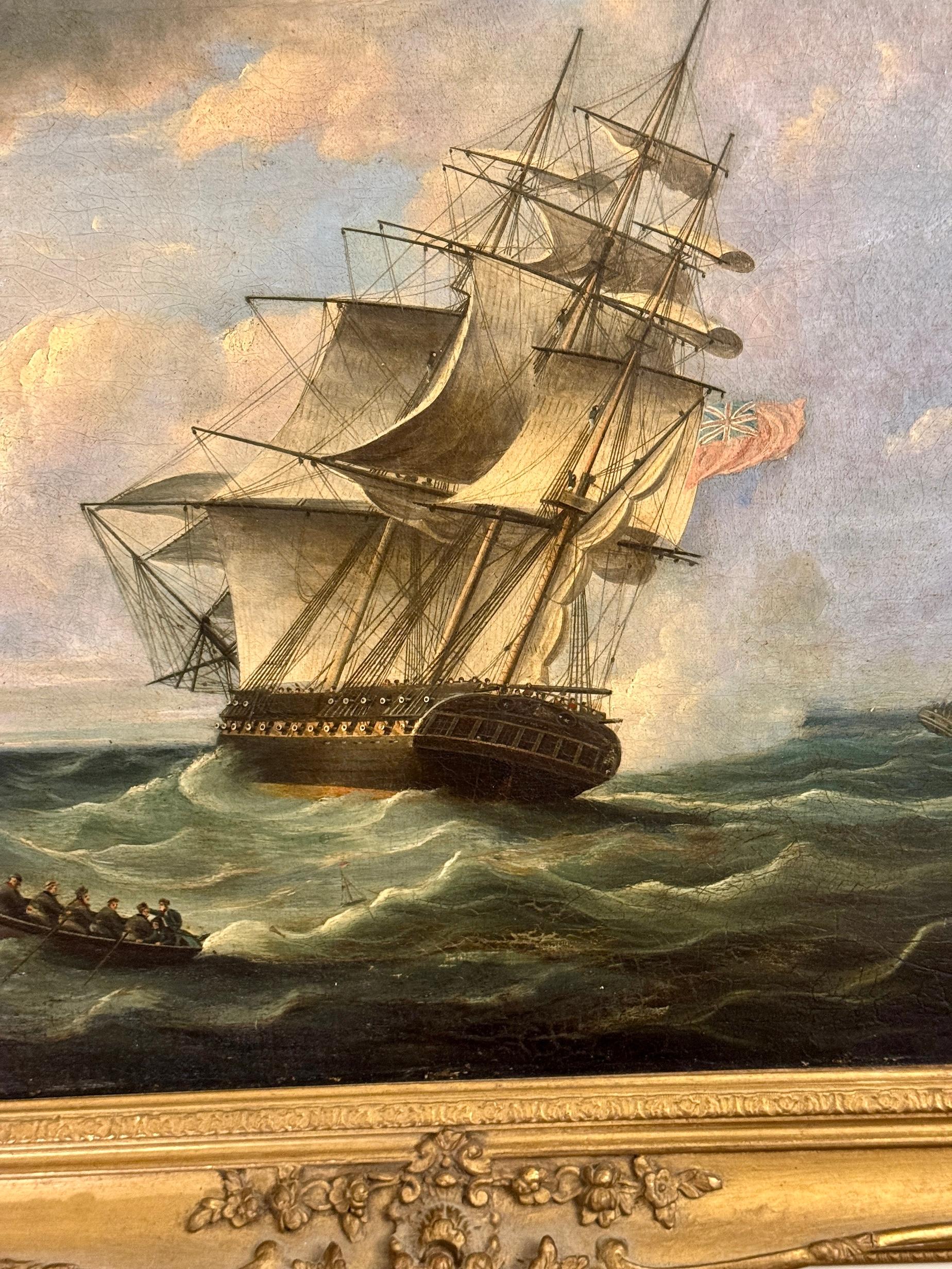 Marine Battle, 19th century English Frigate in battle with a French schooner - Painting by Thomas Buttersworth