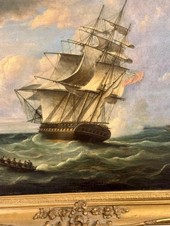 Marine Battle, 19th century English Frigate in battle with a French schooner