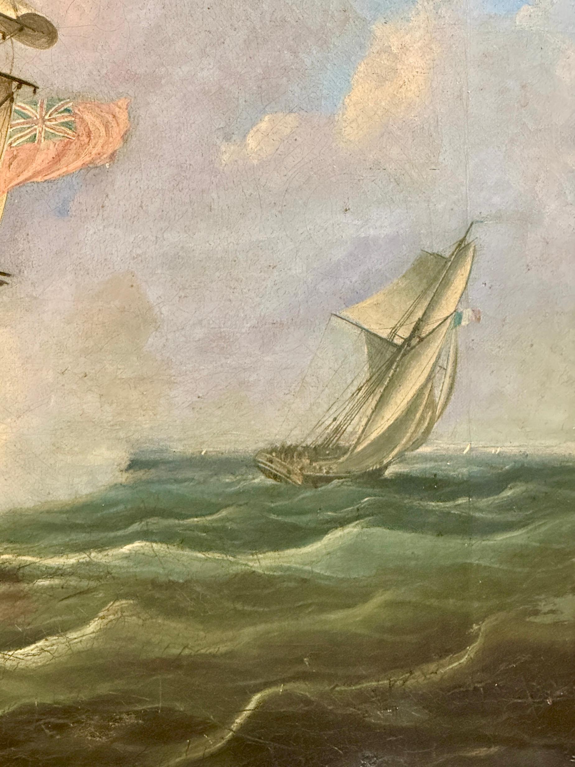 Marine Battle, 19th century English Frigate in battle with a French schooner - Old Masters Painting by Thomas Buttersworth