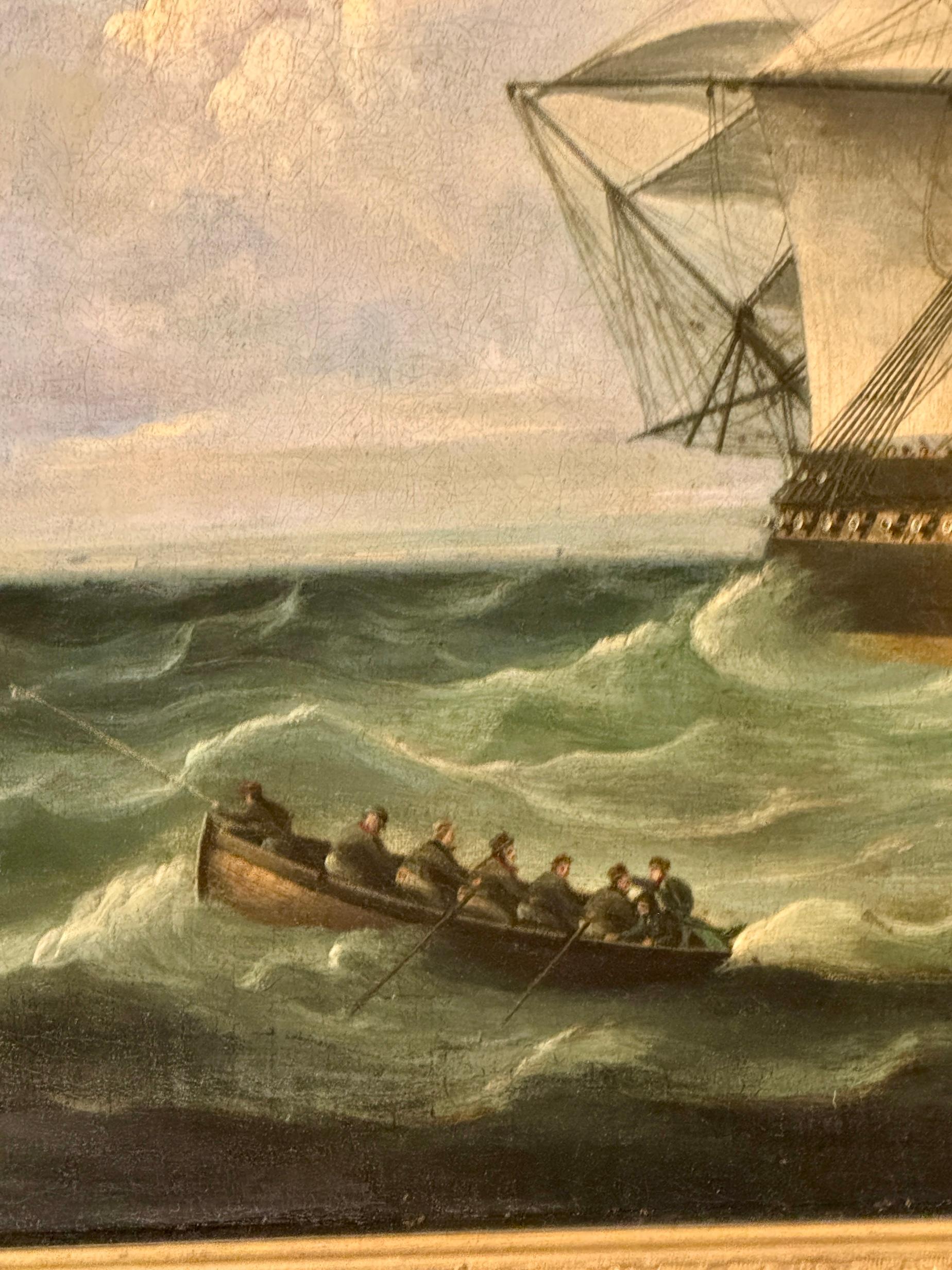 Marine Battle, 19th century English Frigate in battle with a French schooner - Brown Figurative Painting by Thomas Buttersworth