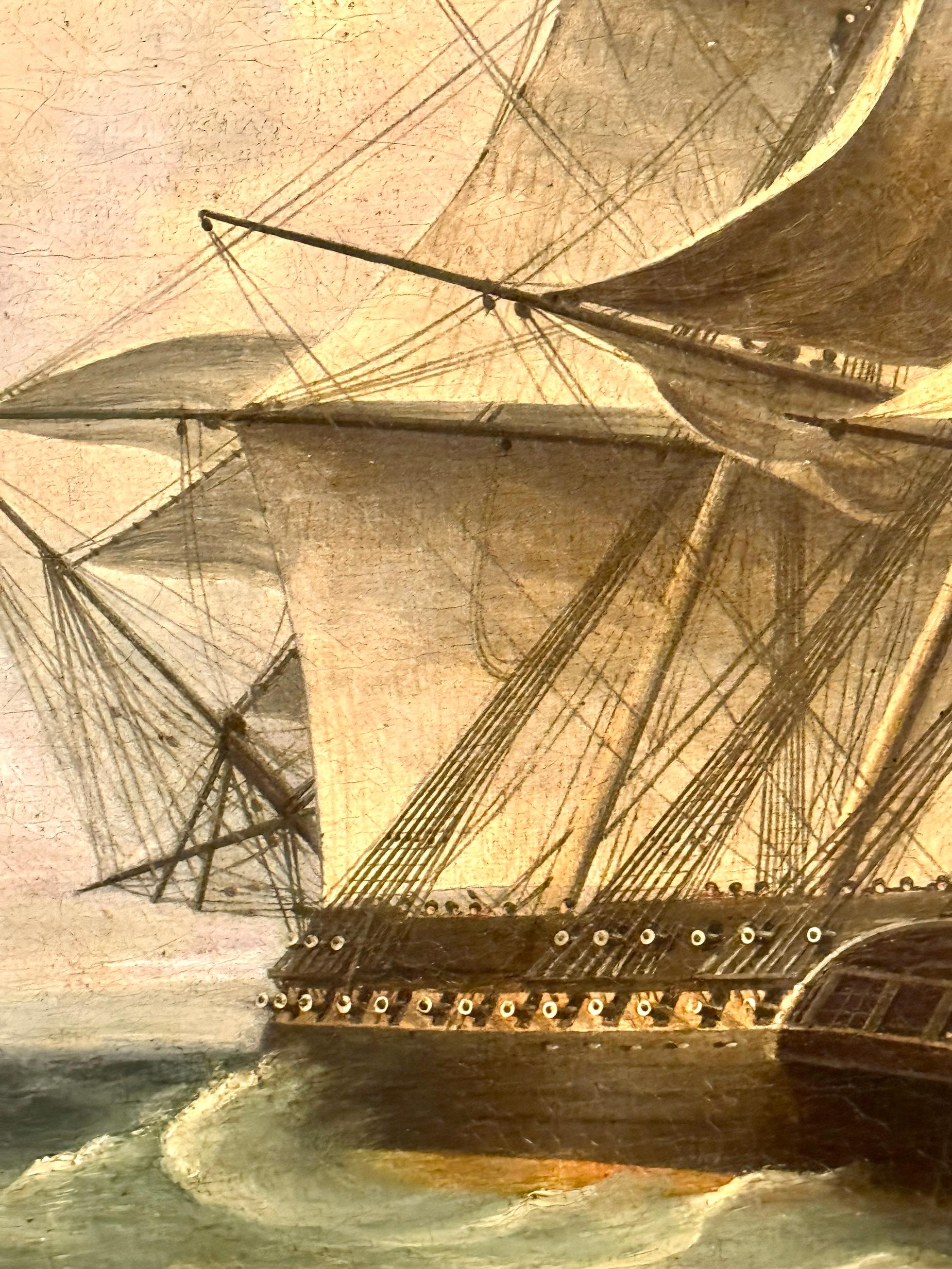 This exceptional oil on canvas by Thomas Buttersworth, one of the most celebrated British maritime painters of the early 19th century, captures a dramatic naval battle between an English frigate and a French schooner, circa 1820. Known for his