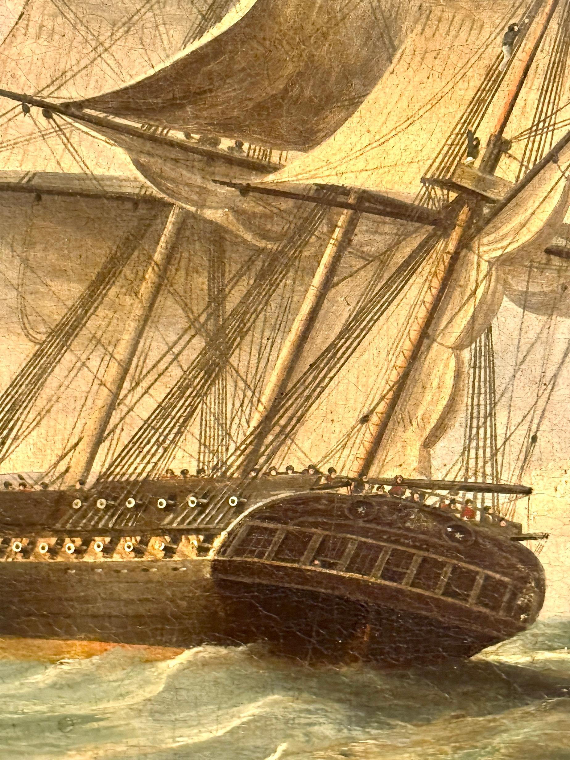Marine Battle, 19th century English Frigate in battle with a French schooner 1