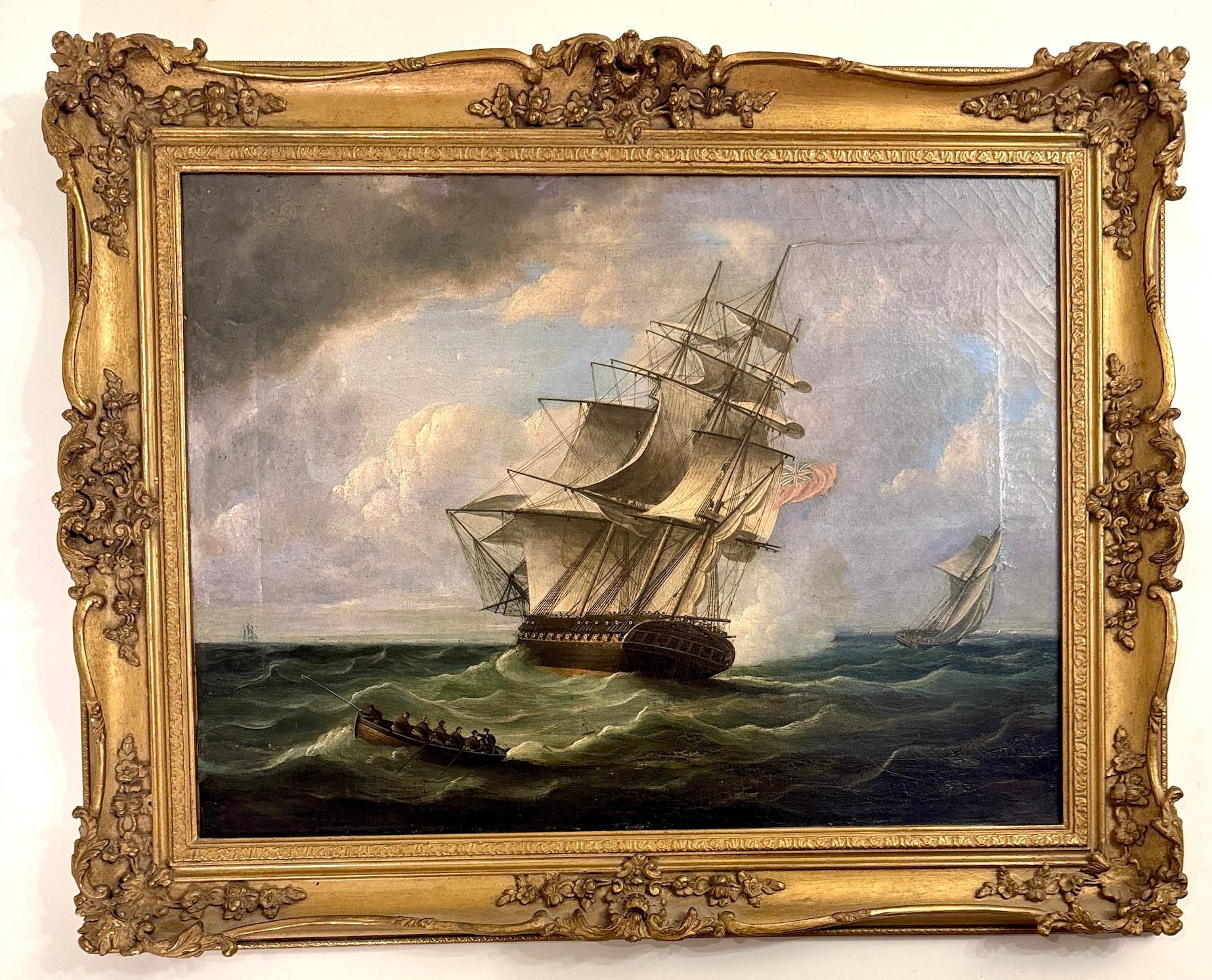 Marine Battle, 19th century English Frigate in battle with a French schooner 3
