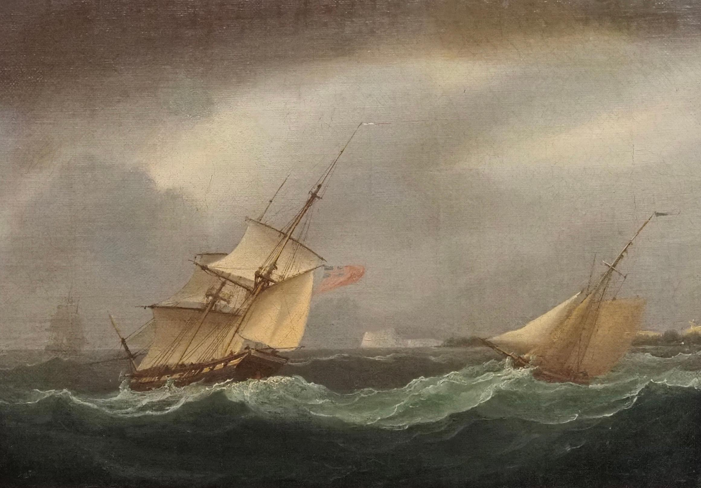 Shipping in choppy waters of a coastline - Painting by Thomas Buttersworth