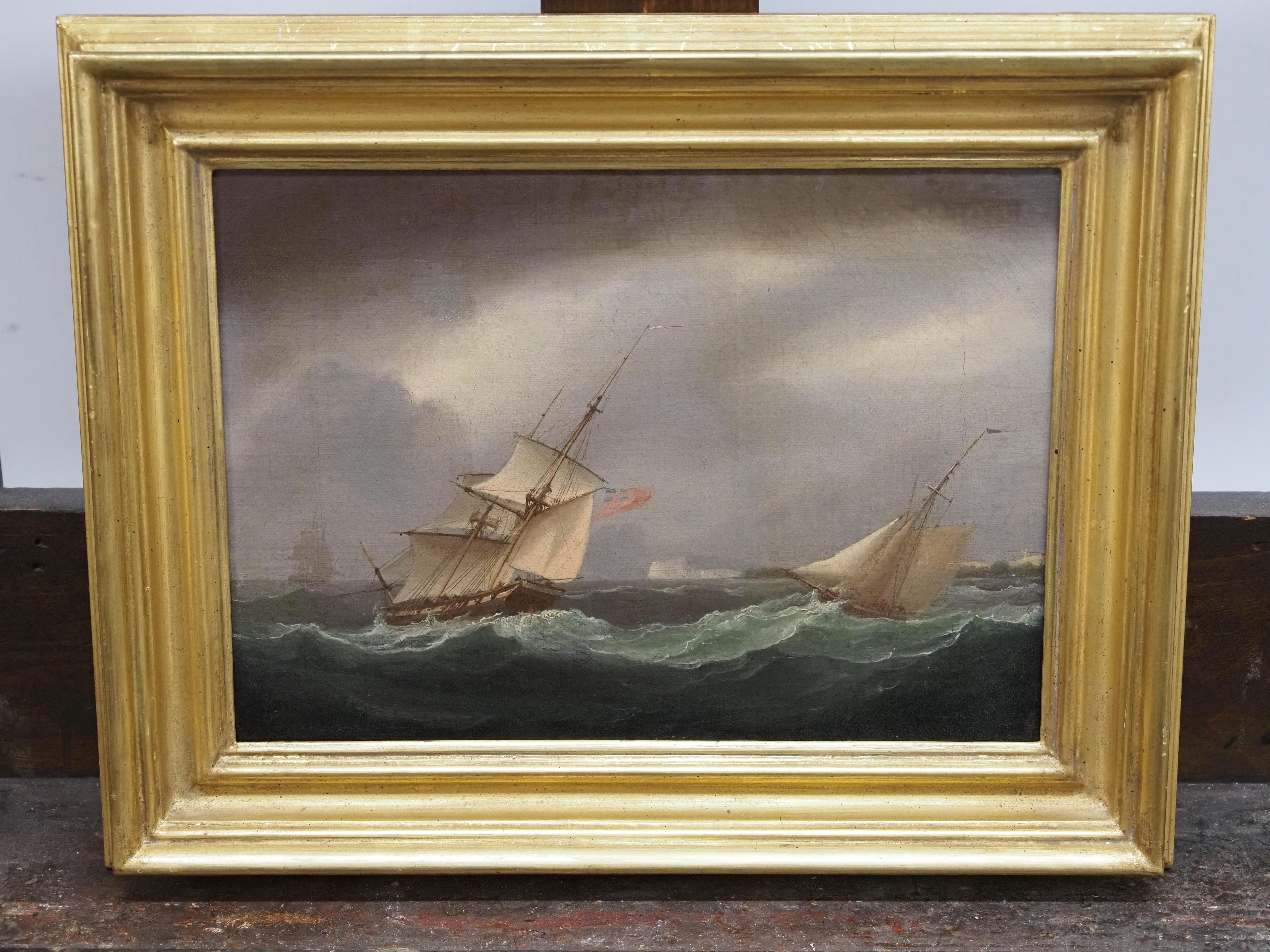 Navigation dans les eaux agitées d'un littoral - Maîtres anciens Painting par Thomas Buttersworth