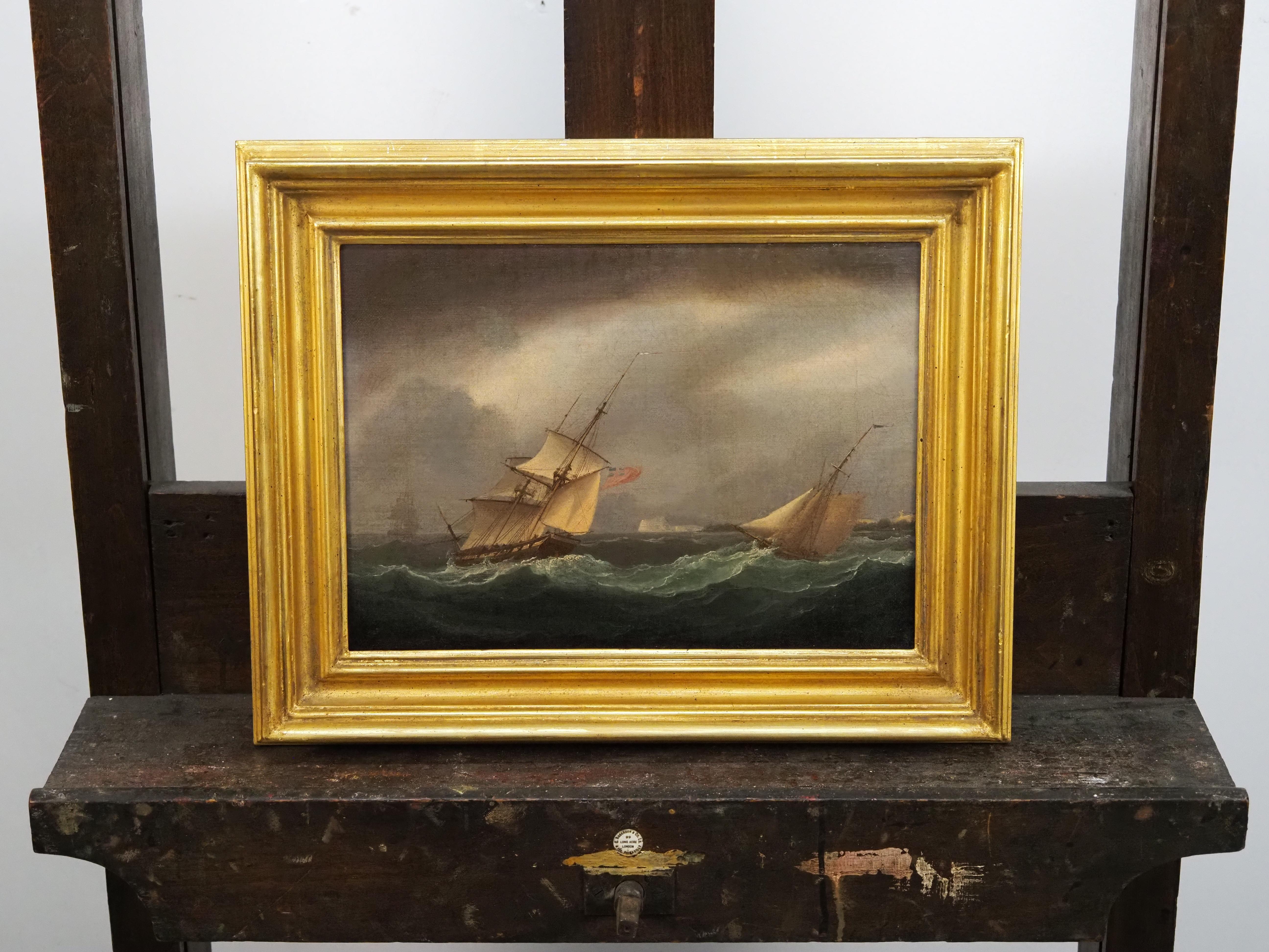 Thomas Buttersworth (1768-1842)
Shipping in choppy coastal waters
signed and dated lower left
Oil on canvas
Canvas Size - 9 x 12 1/2 in
Framed Size - 13 x 16 1/2

Immerse yourself in the vibrant maritime art with Thomas Buttersworth, a luminary