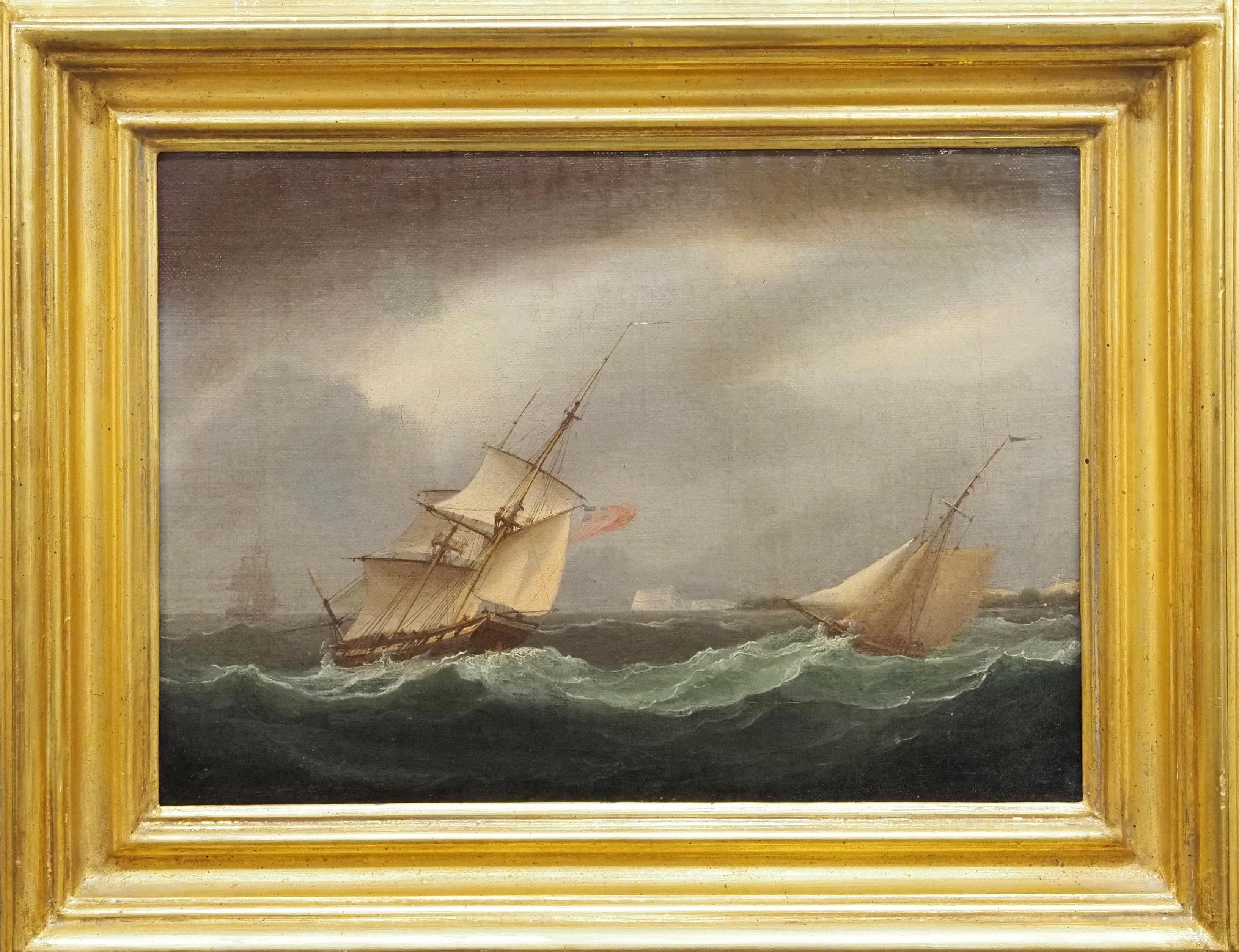Thomas Buttersworth Landscape Painting - Shipping in choppy waters of a coastline