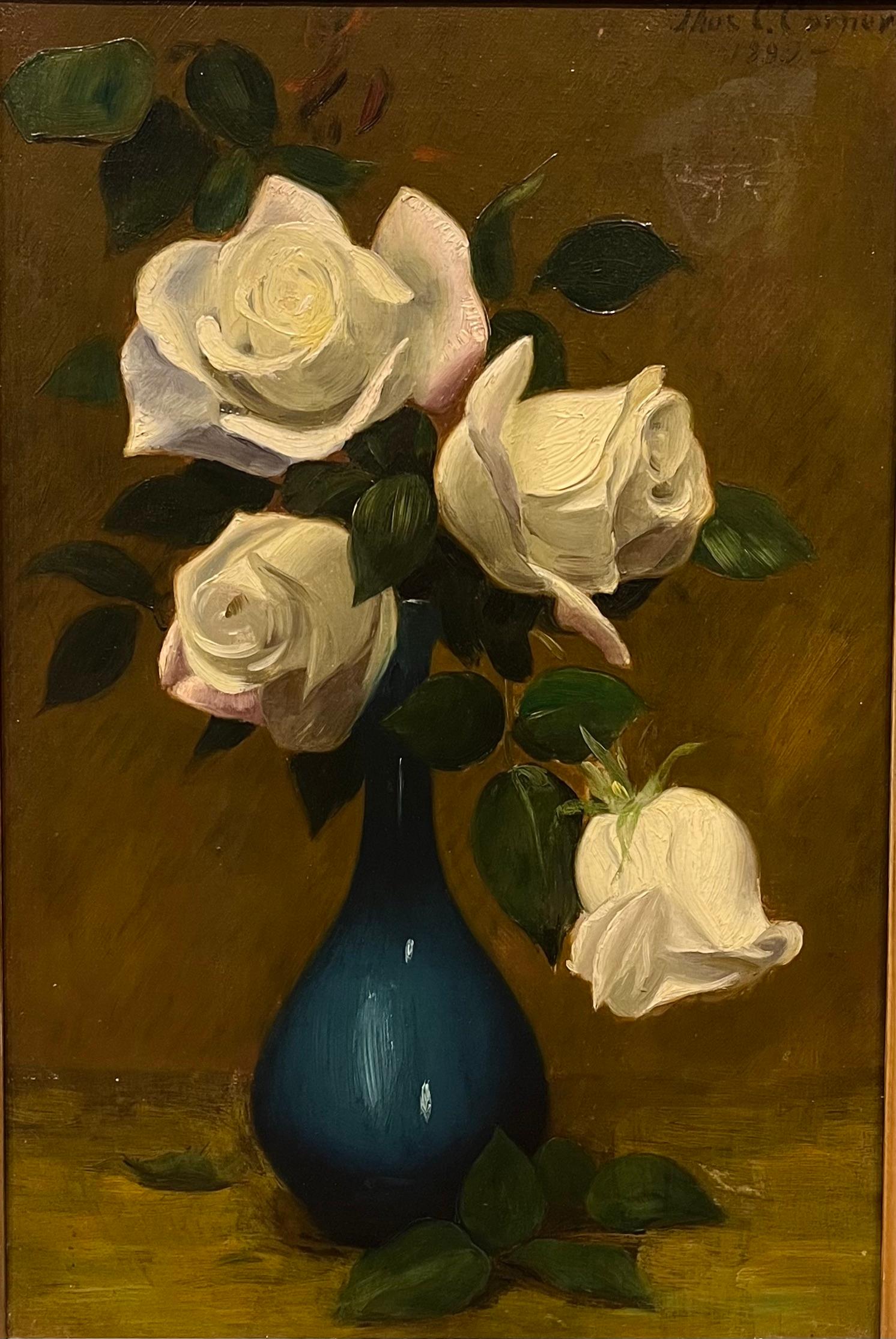 Floral Still Life of White Roses Oil Painting  - Brown Still-Life Painting by Thomas C. Corner