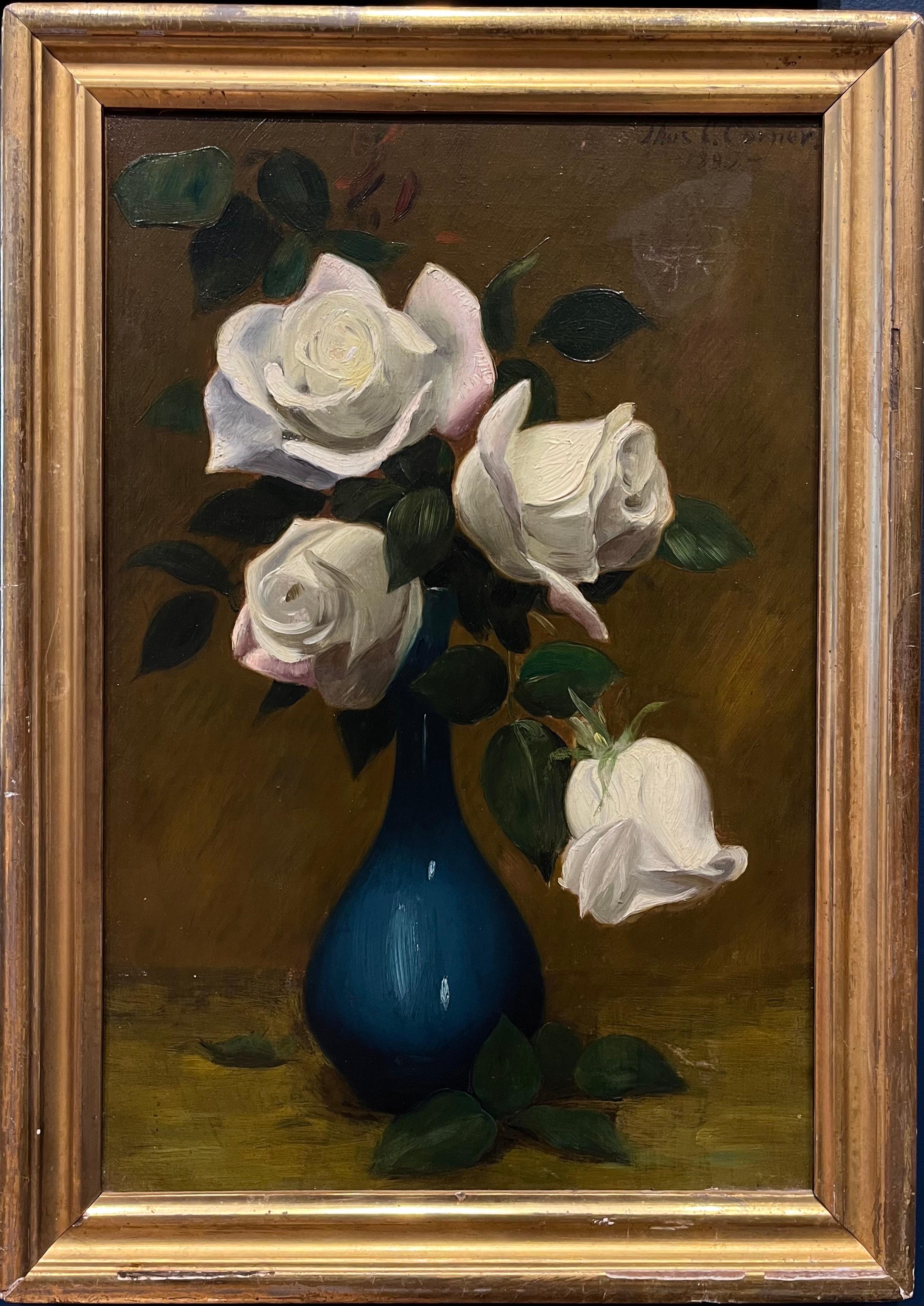 Thomas C. Corner Still-Life Painting - Floral Still Life of White Roses Oil Painting 