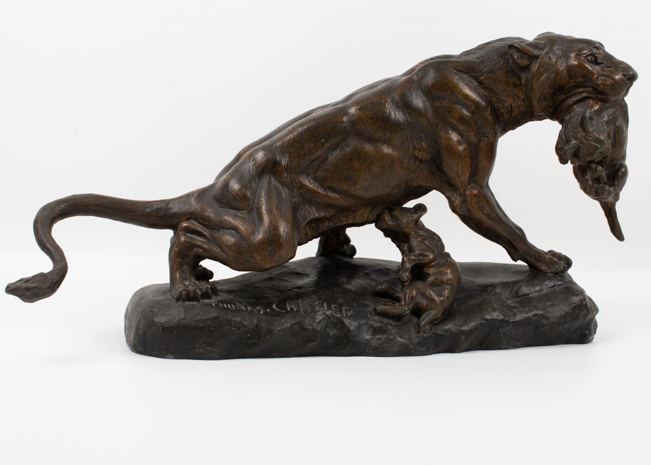Thomas Cartier Art Deco Bronze-Patinated Spelter Sculpture, Lioness with Cubs For Sale 4