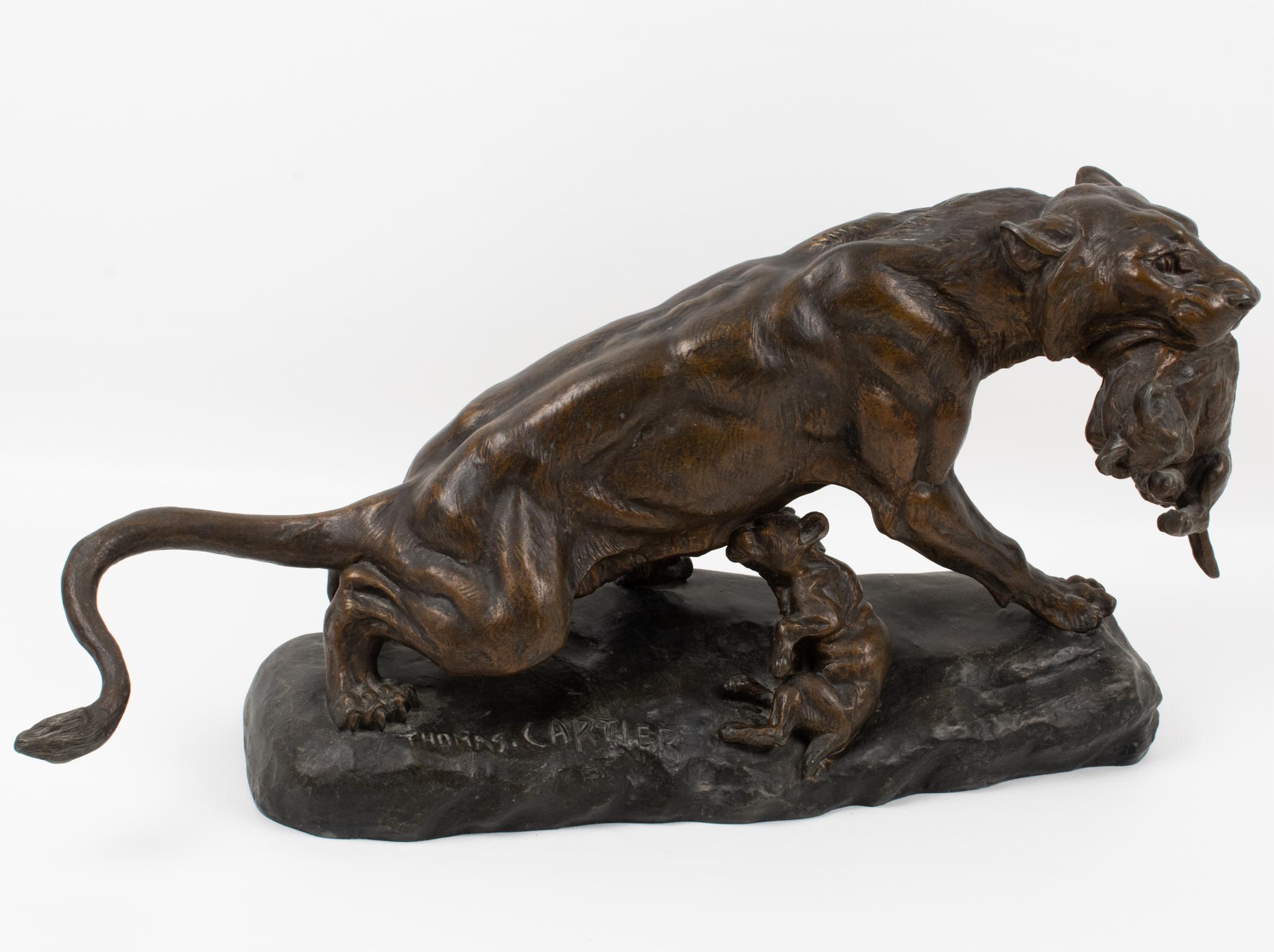 Thomas Cartier Art Deco Bronze-Patinated Spelter Sculpture, Lioness with Cubs For Sale 5