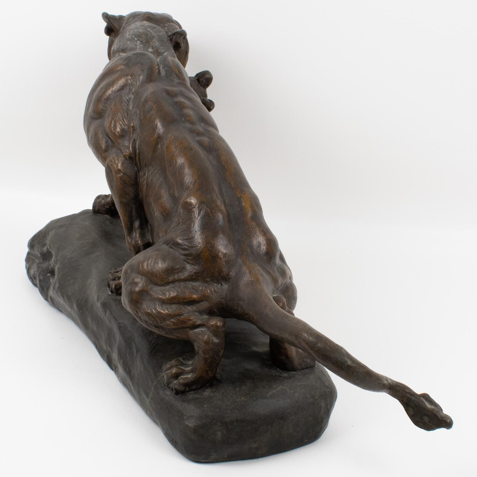 French Thomas Cartier Art Deco Bronze-Patinated Spelter Sculpture, Lioness with Cubs For Sale