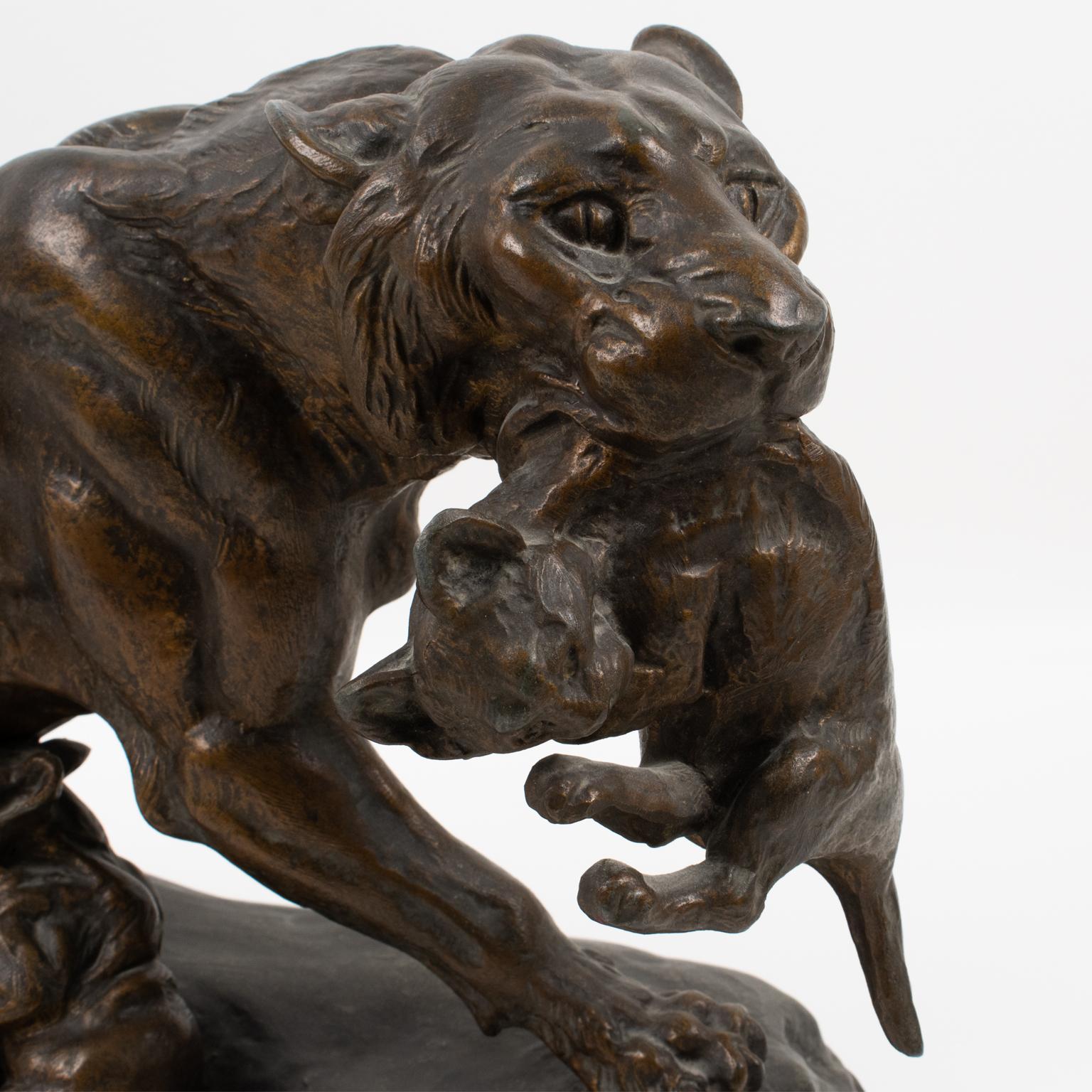 Metal Thomas Cartier Art Deco Bronze-Patinated Spelter Sculpture, Lioness with Cubs For Sale