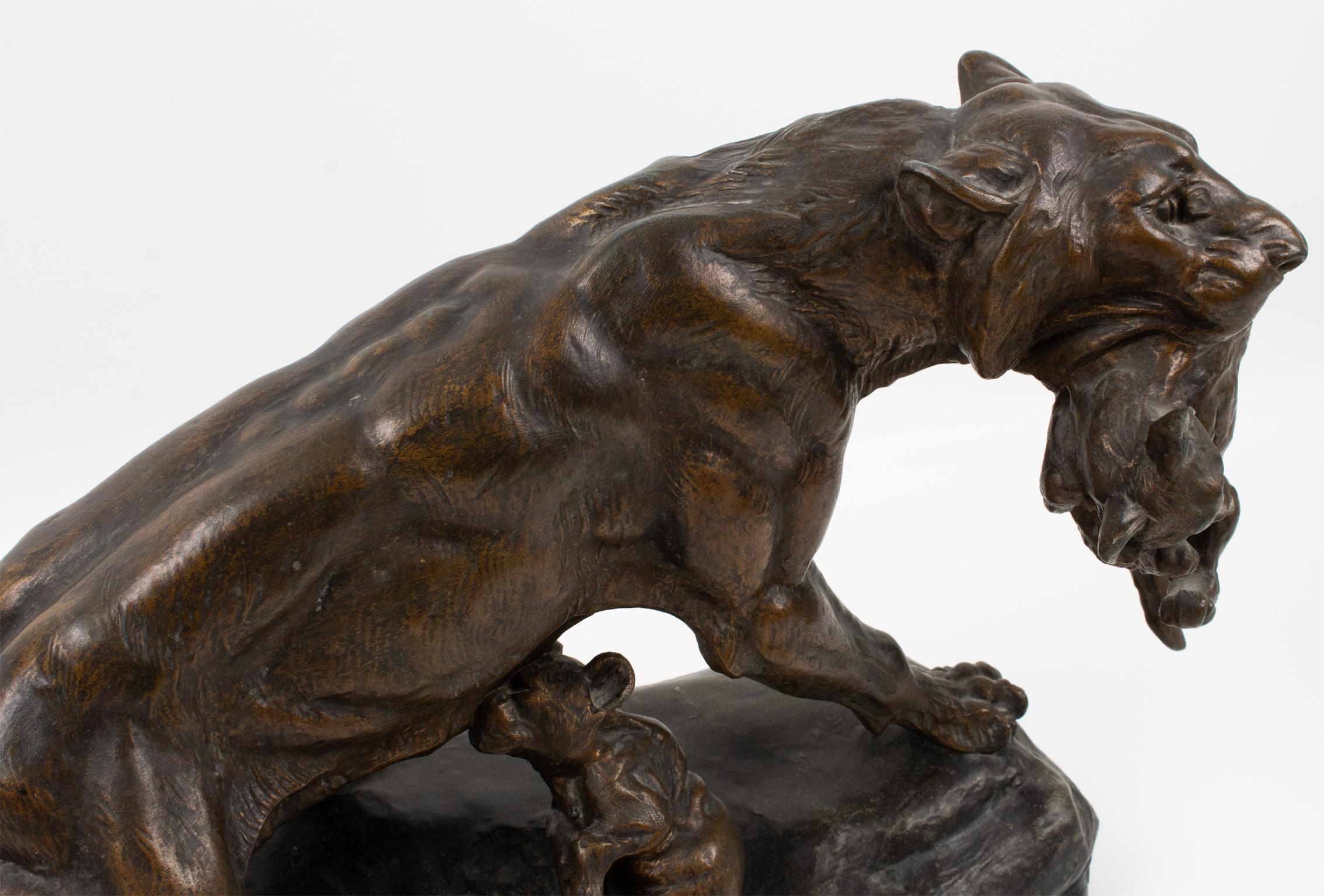 Thomas Cartier Art Deco Bronze-Patinated Spelter Sculpture, Lioness with Cubs For Sale 1