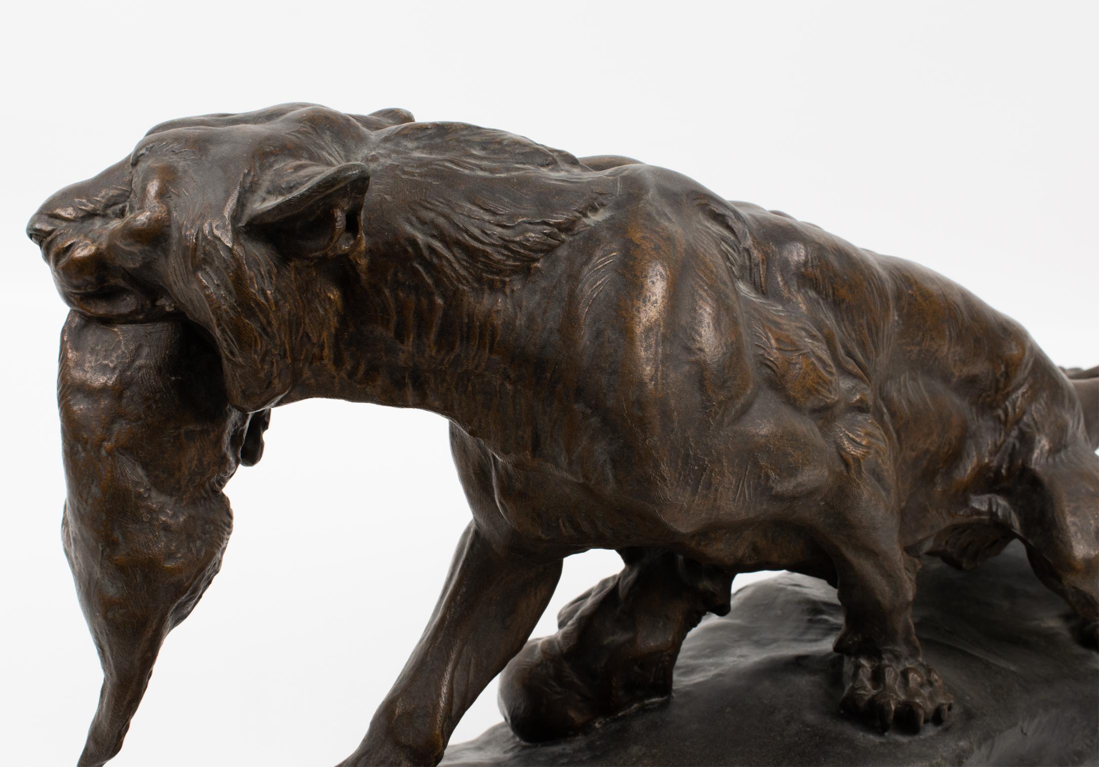 Thomas Cartier Art Deco Bronze-Patinated Spelter Sculpture, Lioness with Cubs For Sale 2
