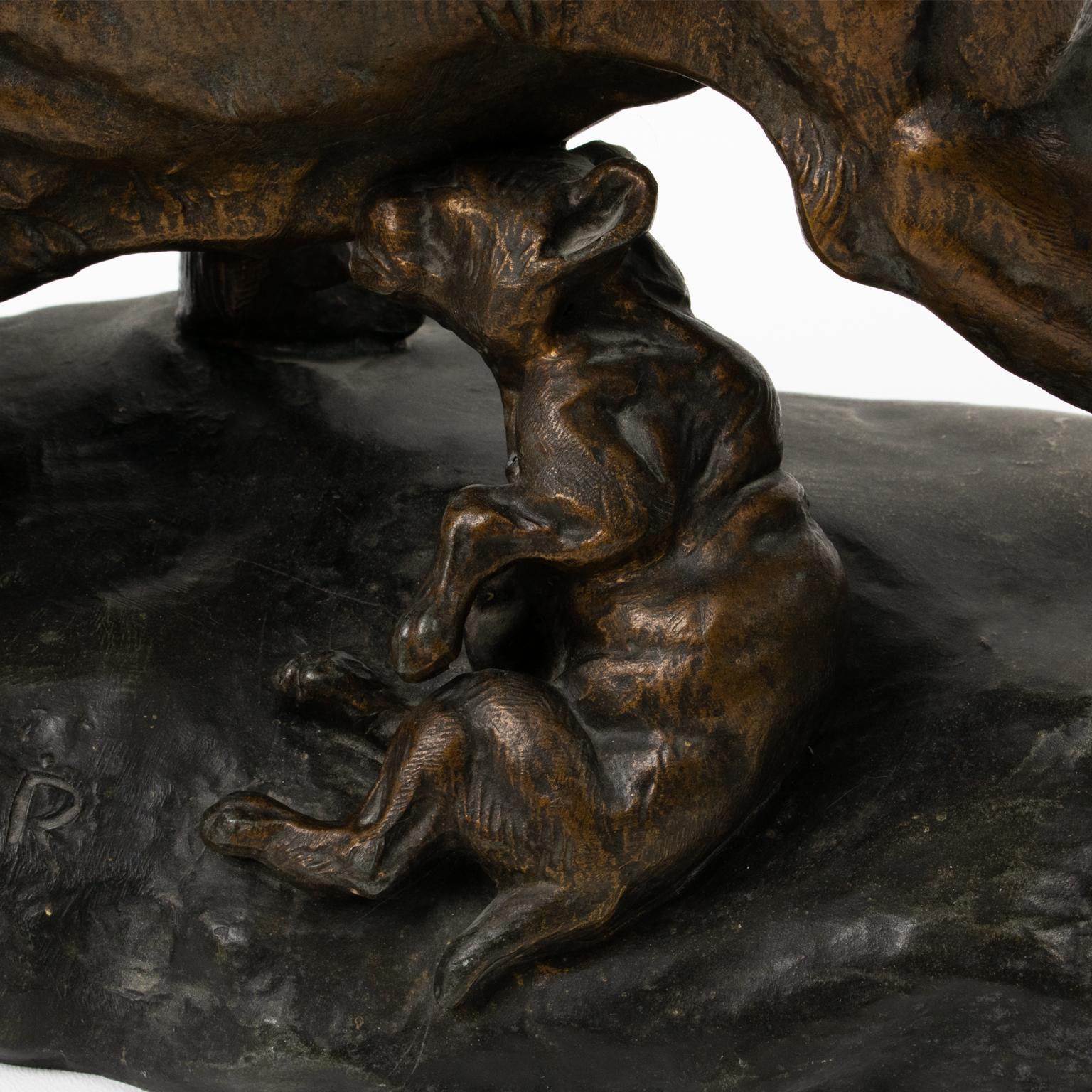 Metal Thomas Cartier Large Panther with Cubs Sculpture, circa 1920 For Sale