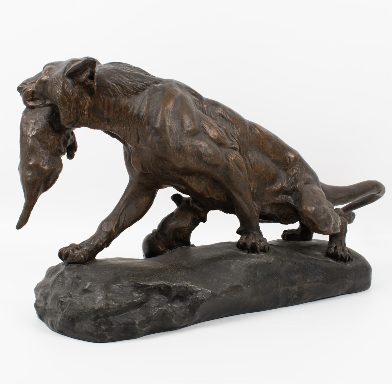 French Thomas Cartier Large Panther with Cubs Sculpture, circa 1920 For Sale