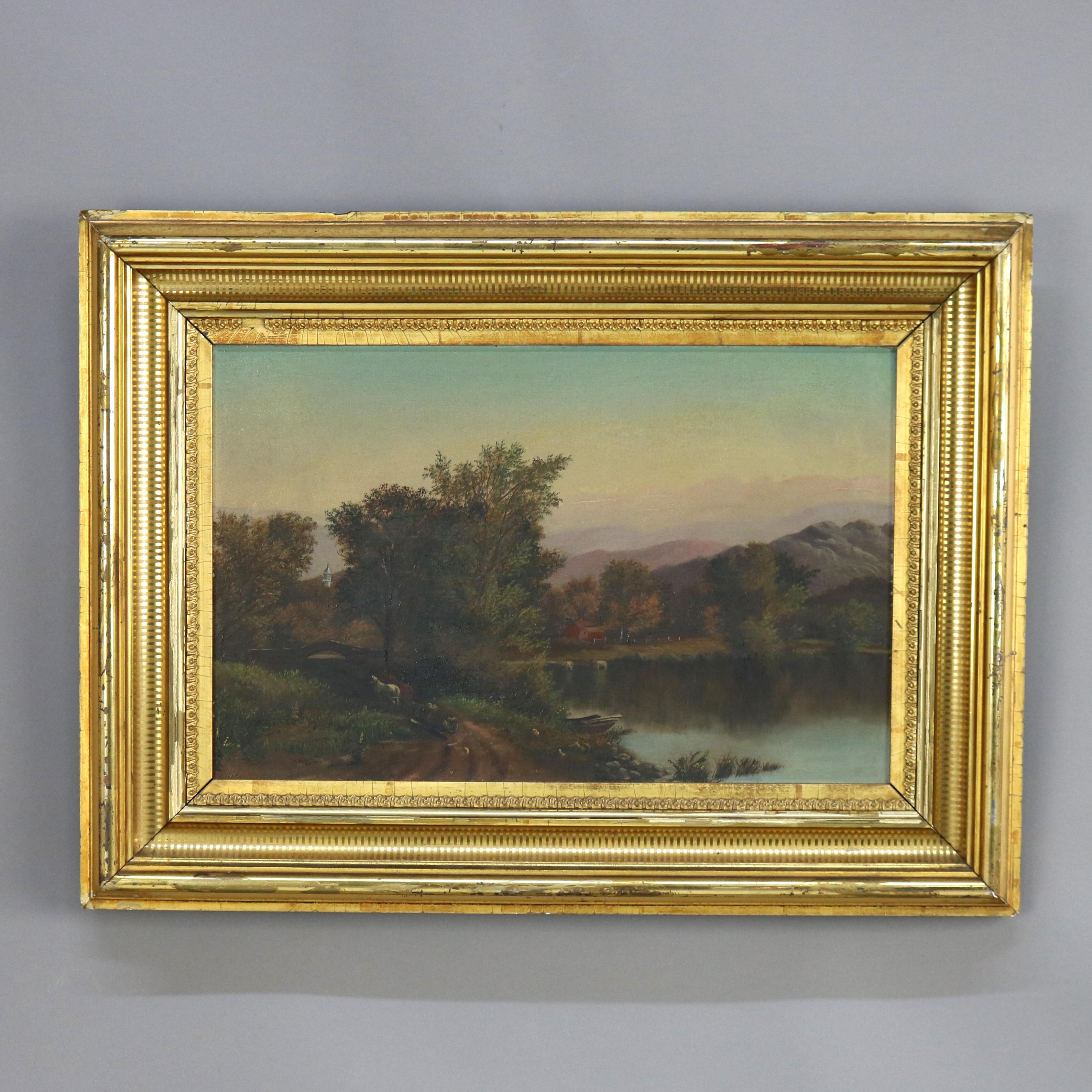 Thomas Chambers School Oil on Board Landscape Painting, Lake Scene, Unsigned, Framed, C1850

Measures - 18.25